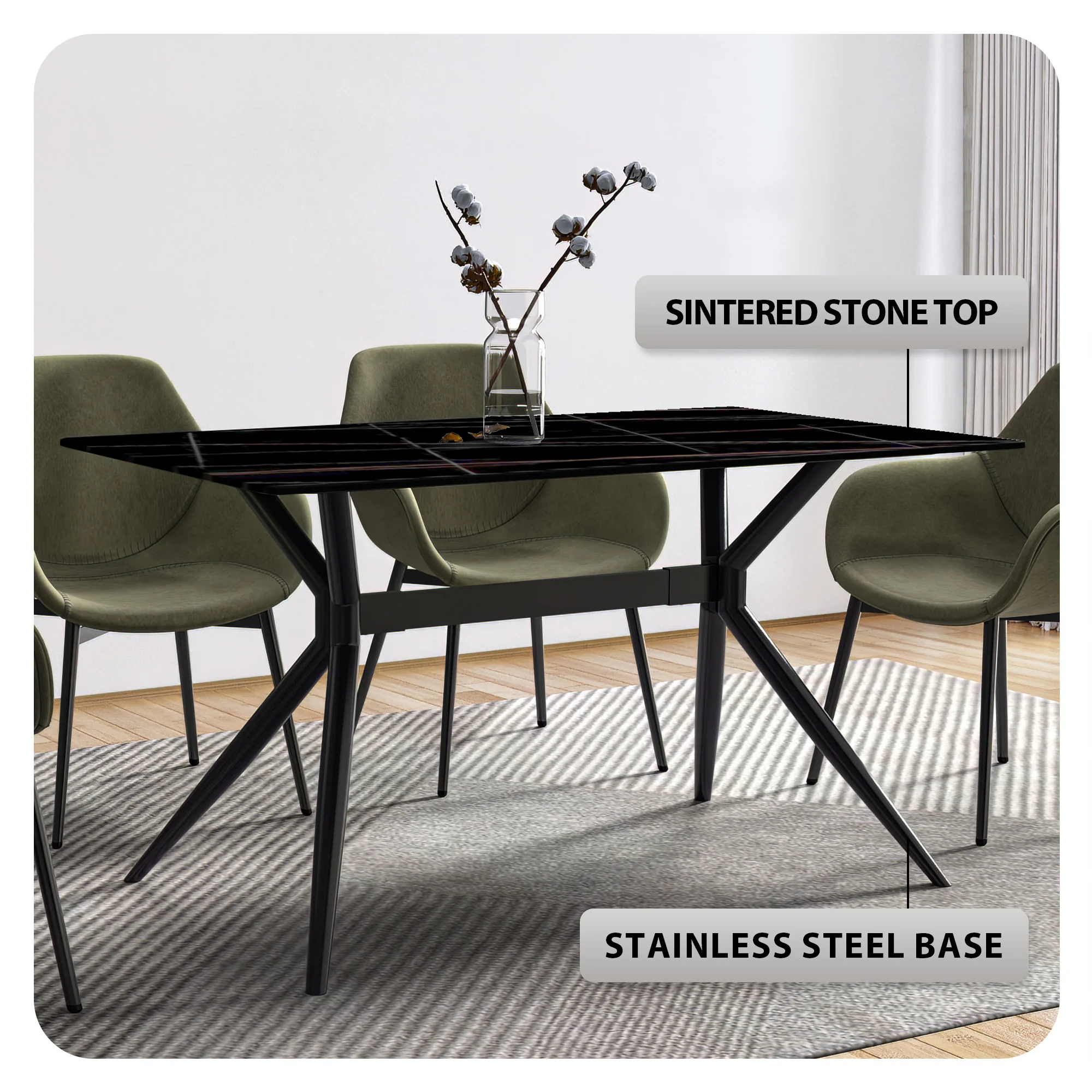 Elega Series Black Carbon Steel Dining Table 71 With Black/Gold Sintered Stone Top