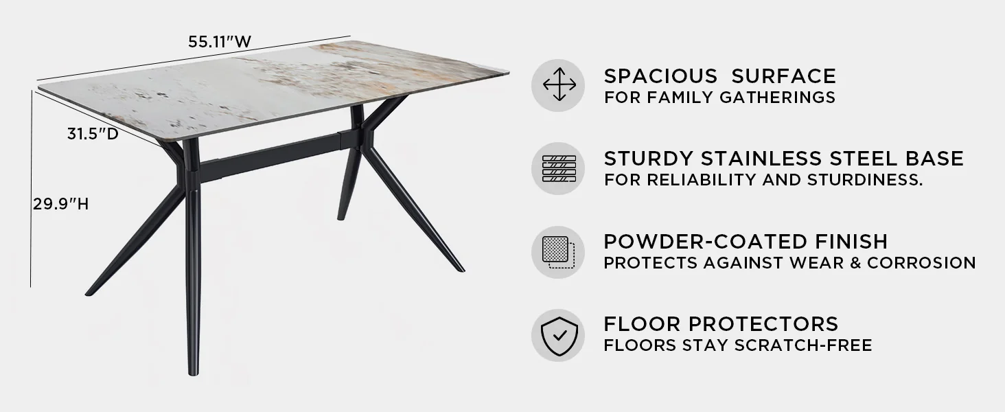 Elega Series Black Carbon Steel Dining Table 71 With White Grey Sintered Stone Top