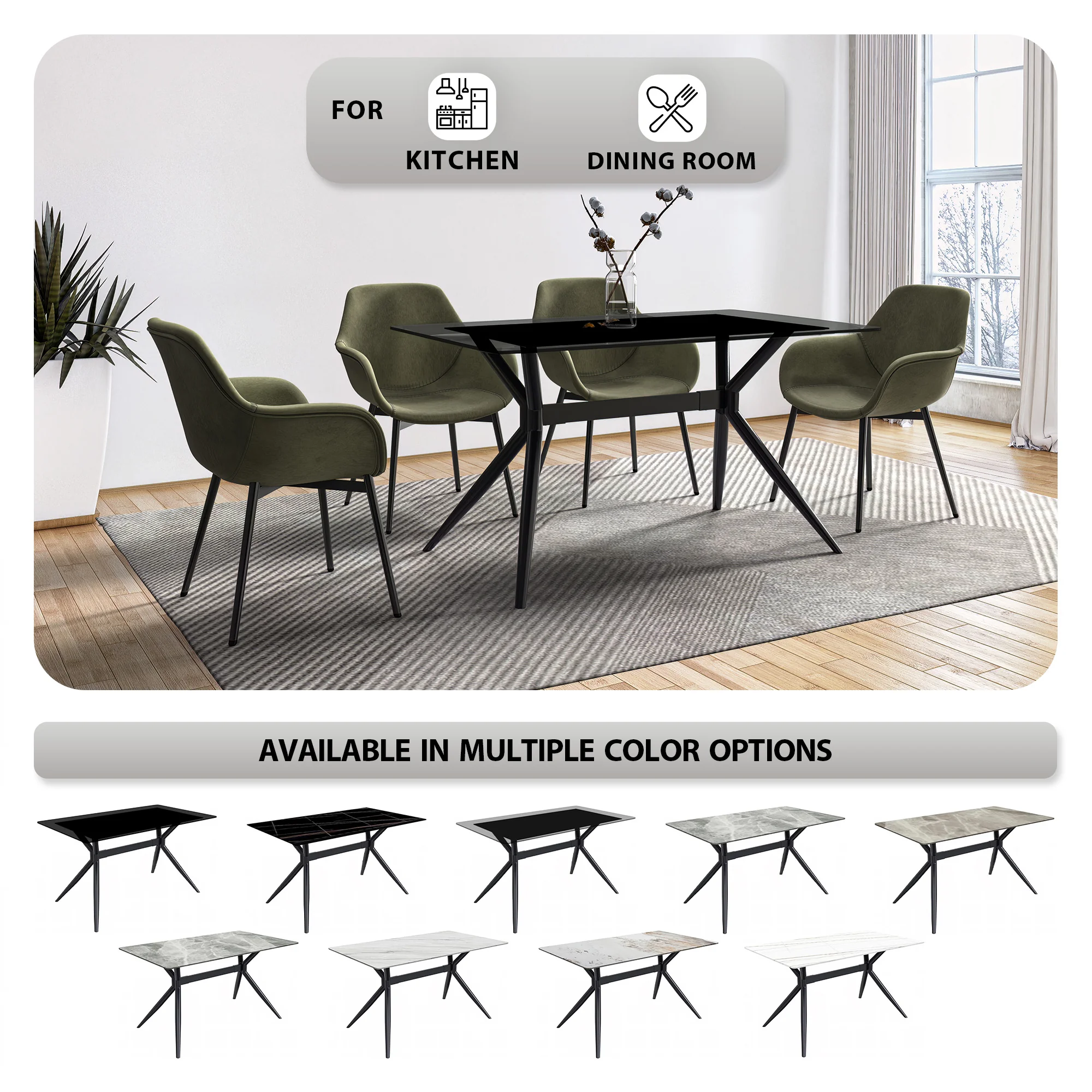 Elega Series Black Carbon Steel Dining Table 71 With Clear Glass Top