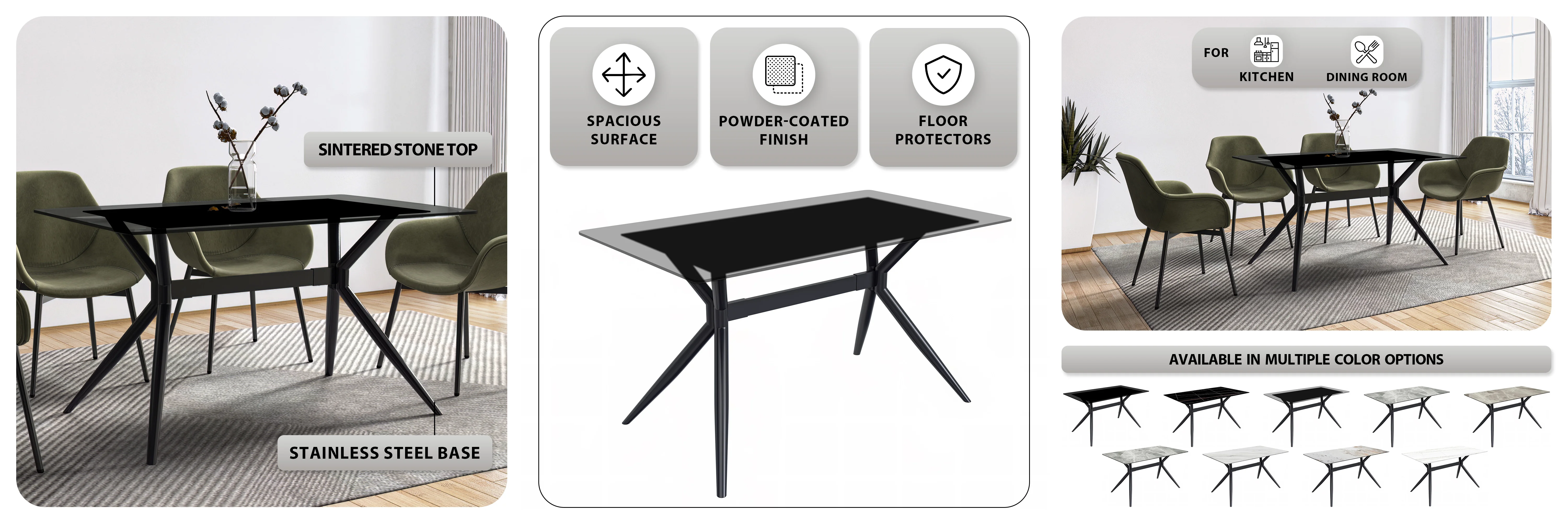 Elega Series Black Carbon Steel Dining Table 71 With Clear Glass Top