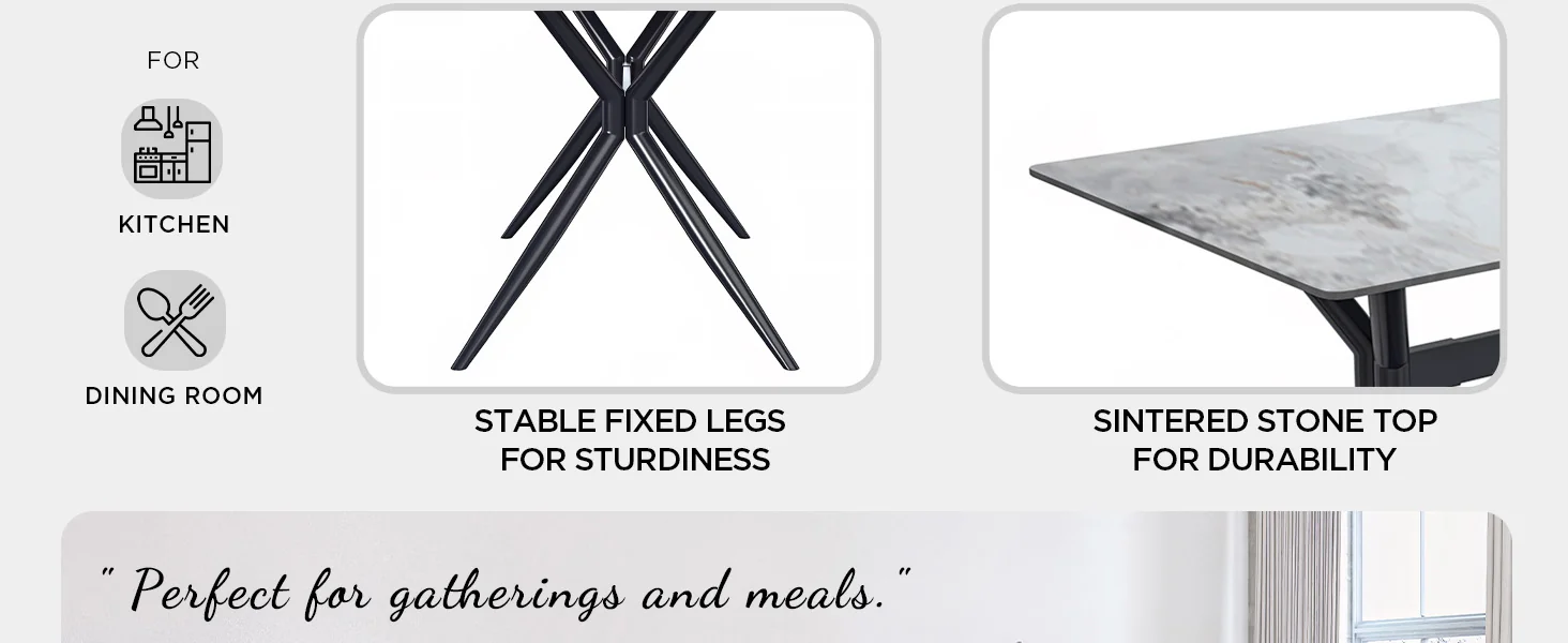 Elega Series Black Carbon Steel Dining Table 71 With Medium Grey Sintered Stone Top