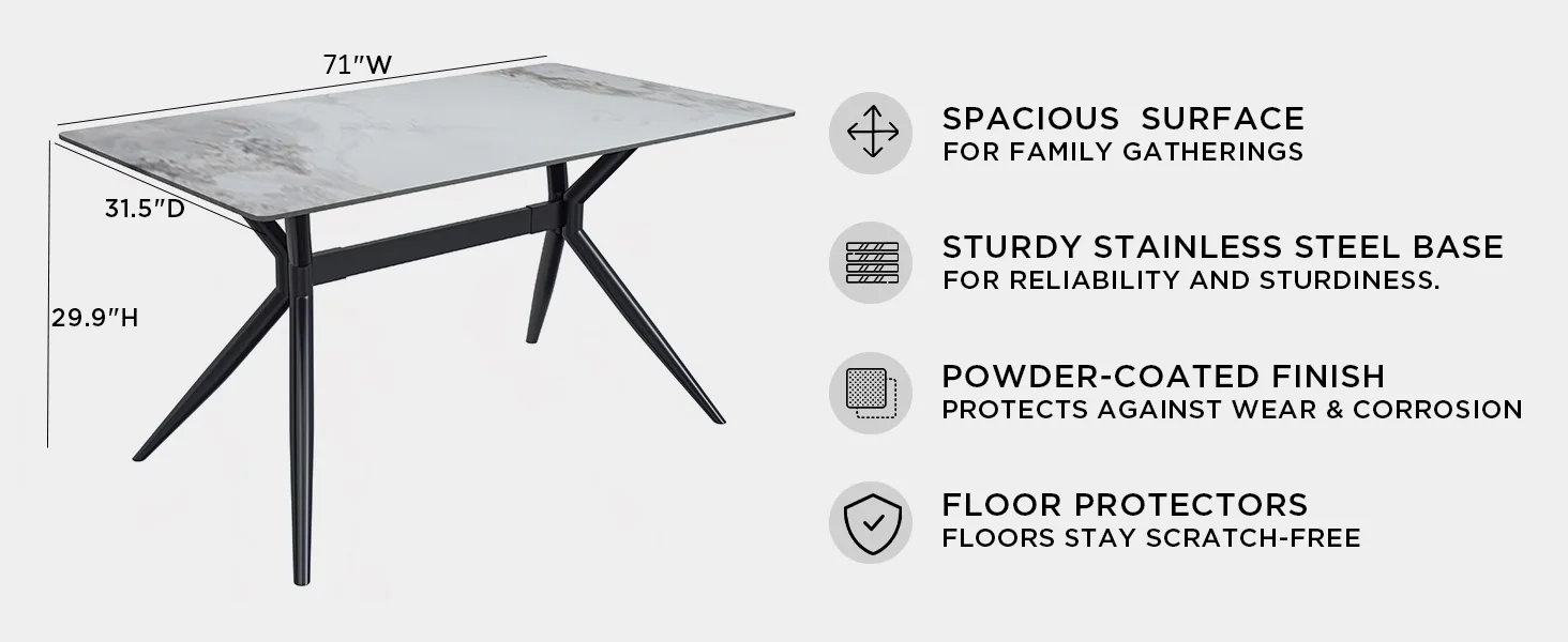 Elega Series Black Carbon Steel Dining Table 71 With Medium Grey Sintered Stone Top