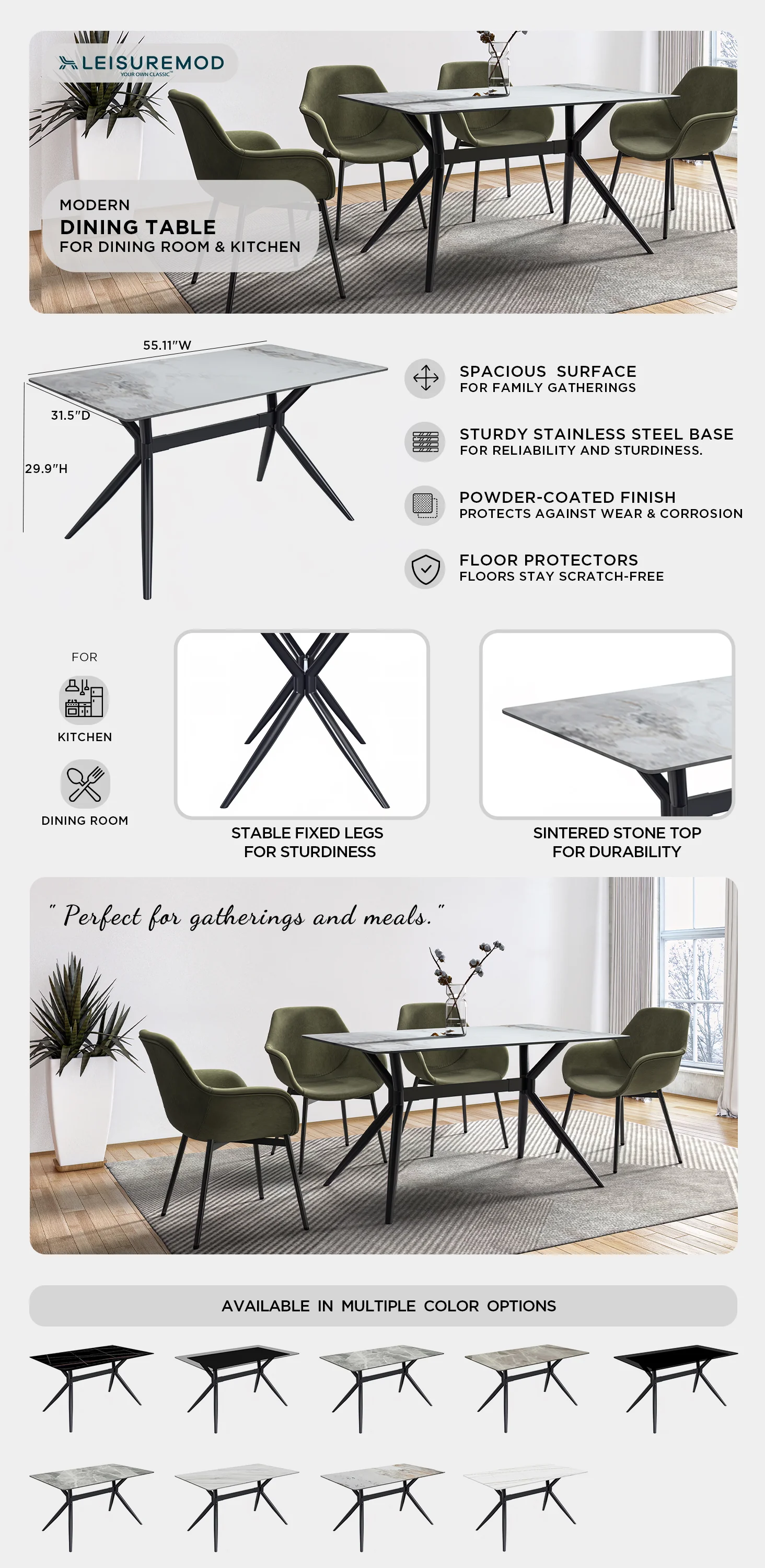 Elega Series Black Carbon Steel Dining Table 71 With Medium Grey Sintered Stone Top