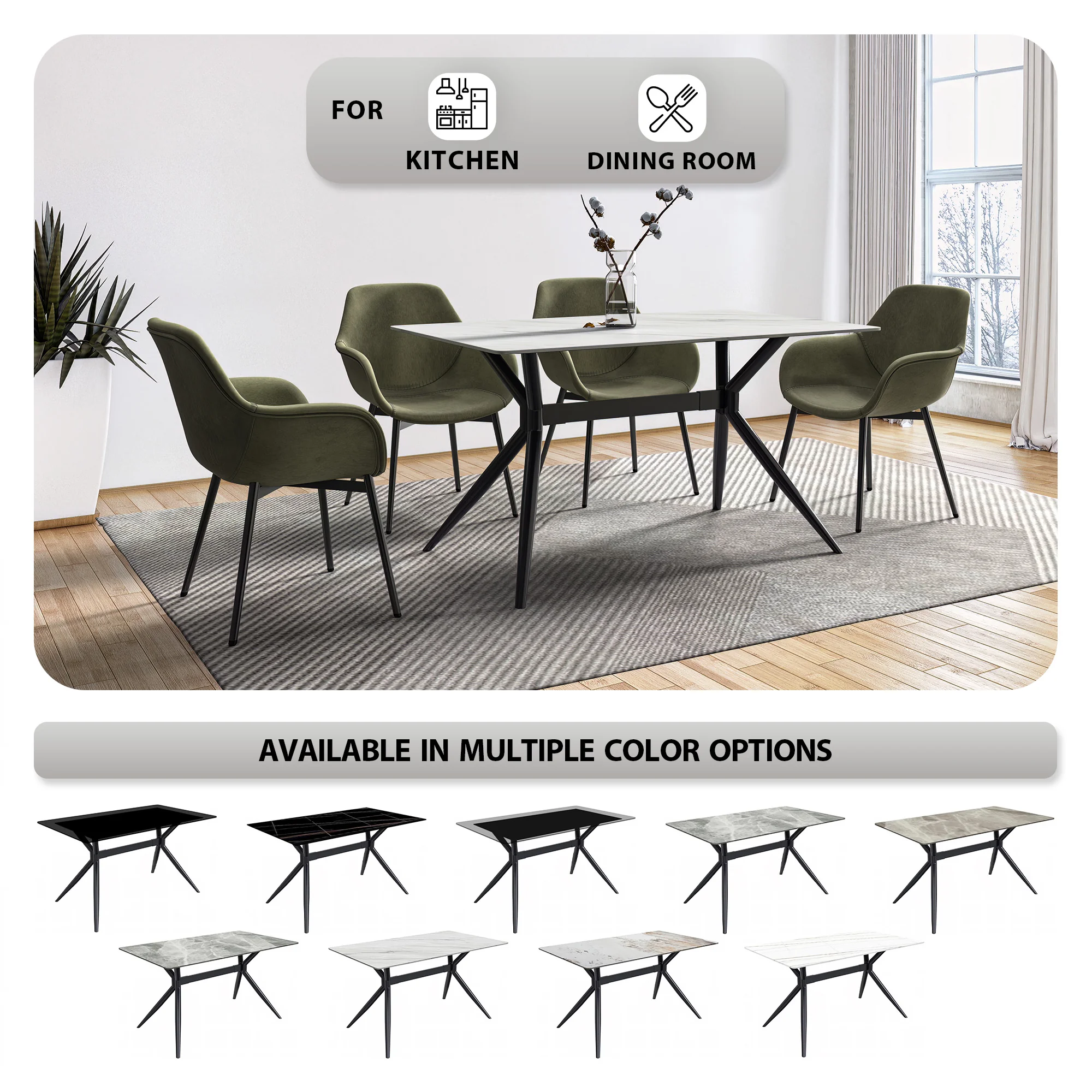 Elega Series Black Carbon Steel Dining Table 71 With White Sintered Stone Top