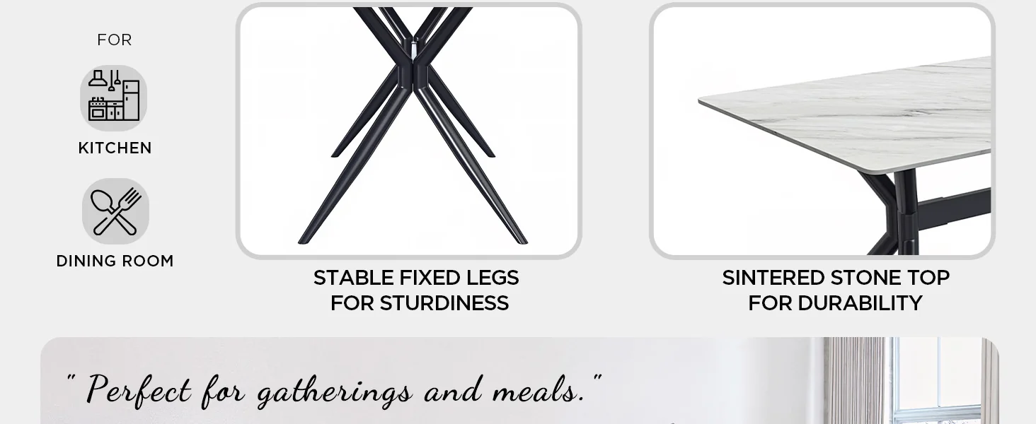 Elega Series Black Carbon Steel Dining Table 71 With White Sintered Stone Top