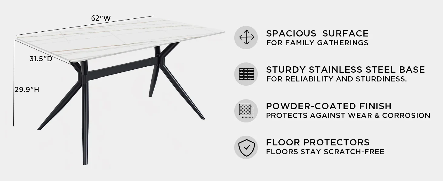 Elega Series Black Carbon Steel Dining Table 71 With White/Gold Sintered Stone Top
