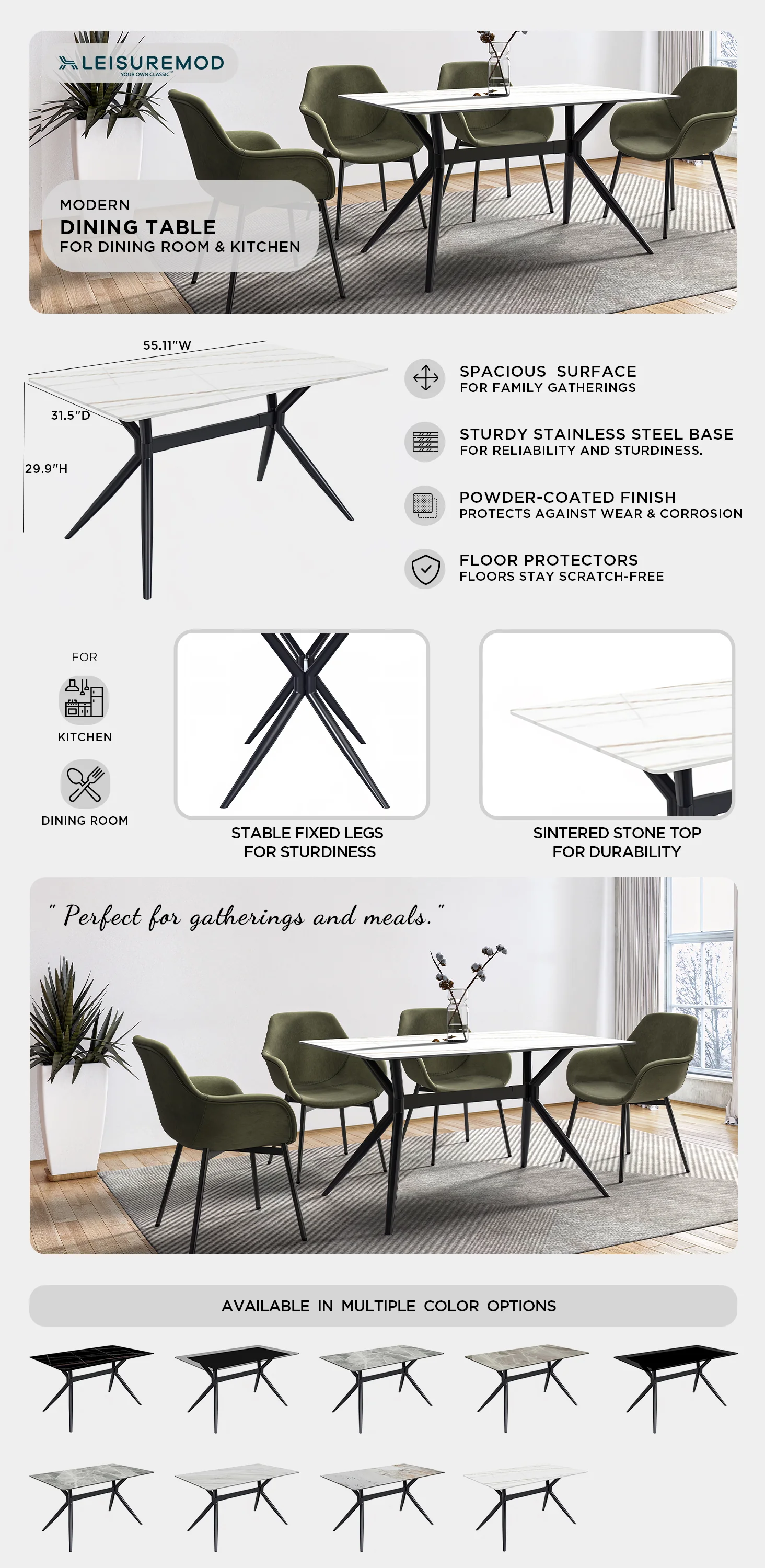 Elega Series Black Carbon Steel Dining Table 71 With White/Gold Sintered Stone Top