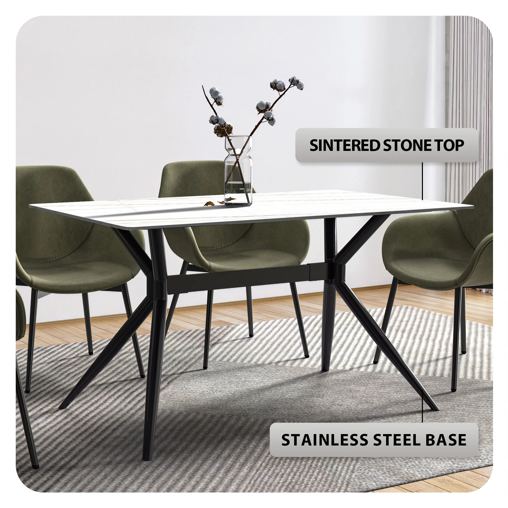 Elega Series Black Carbon Steel Dining Table 71 With White/Gold Sintered Stone Top