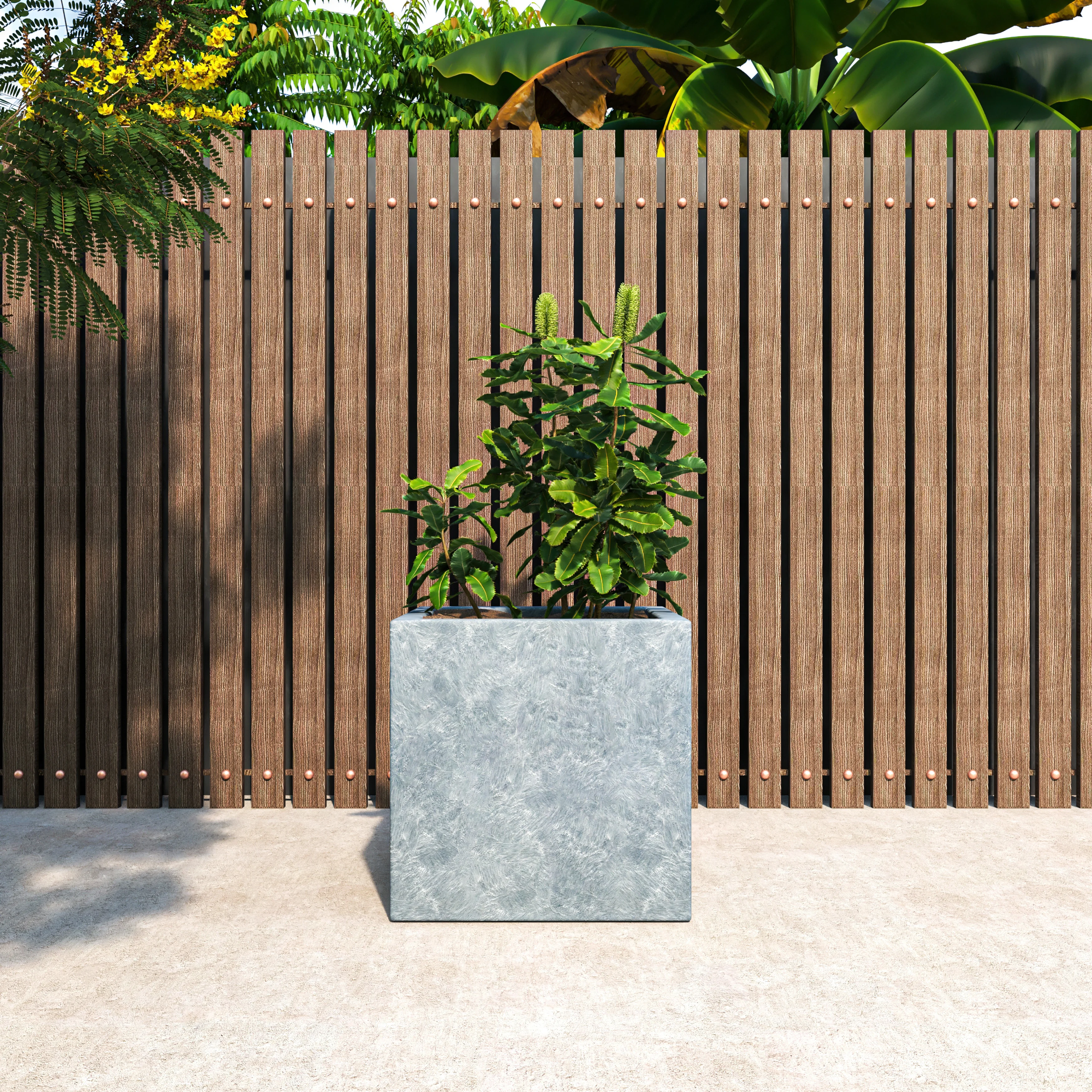 Fern Series Poly Stone Planter 19.7" Cube in Grey