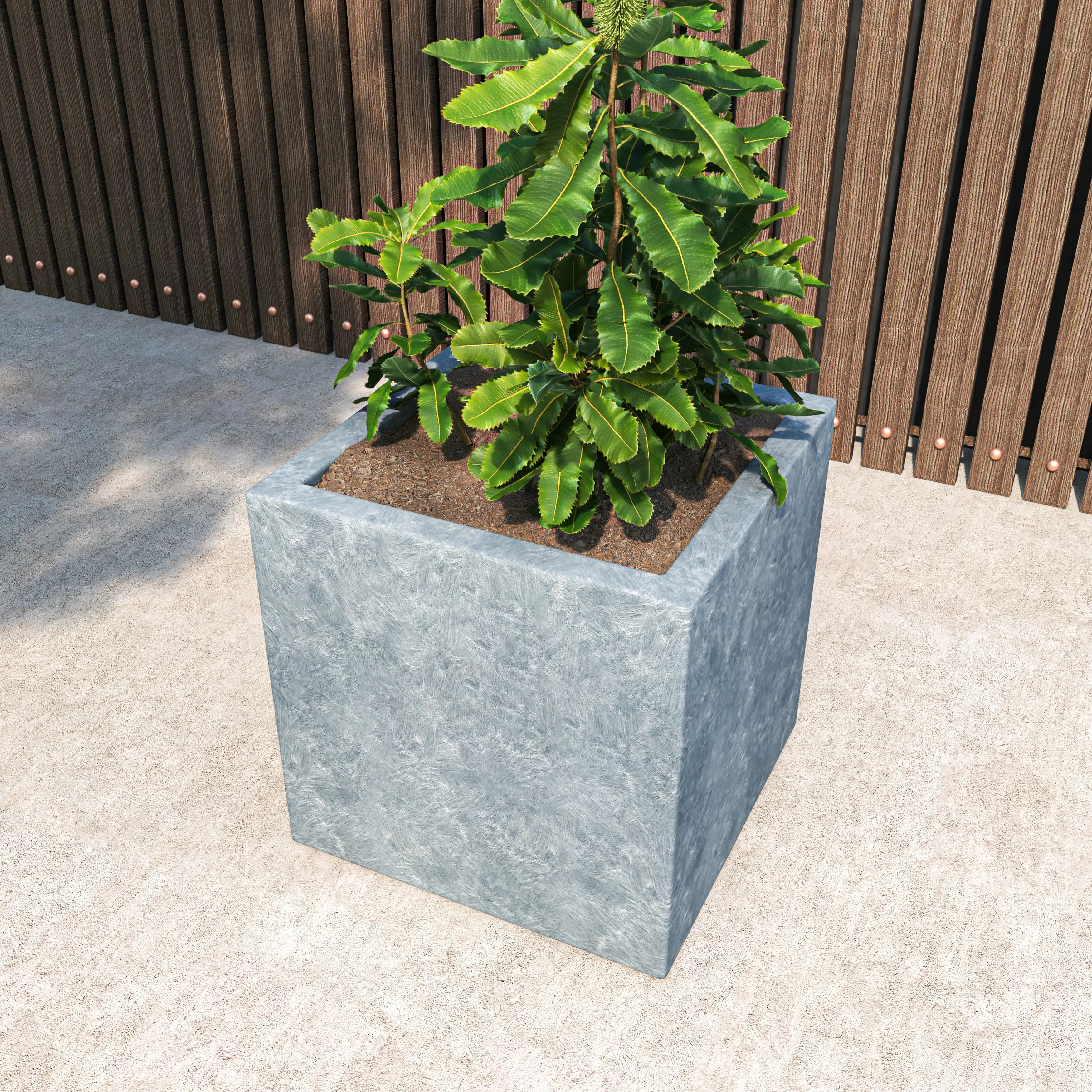 Fern Series Poly Stone Planter 19.7" Cube in Grey