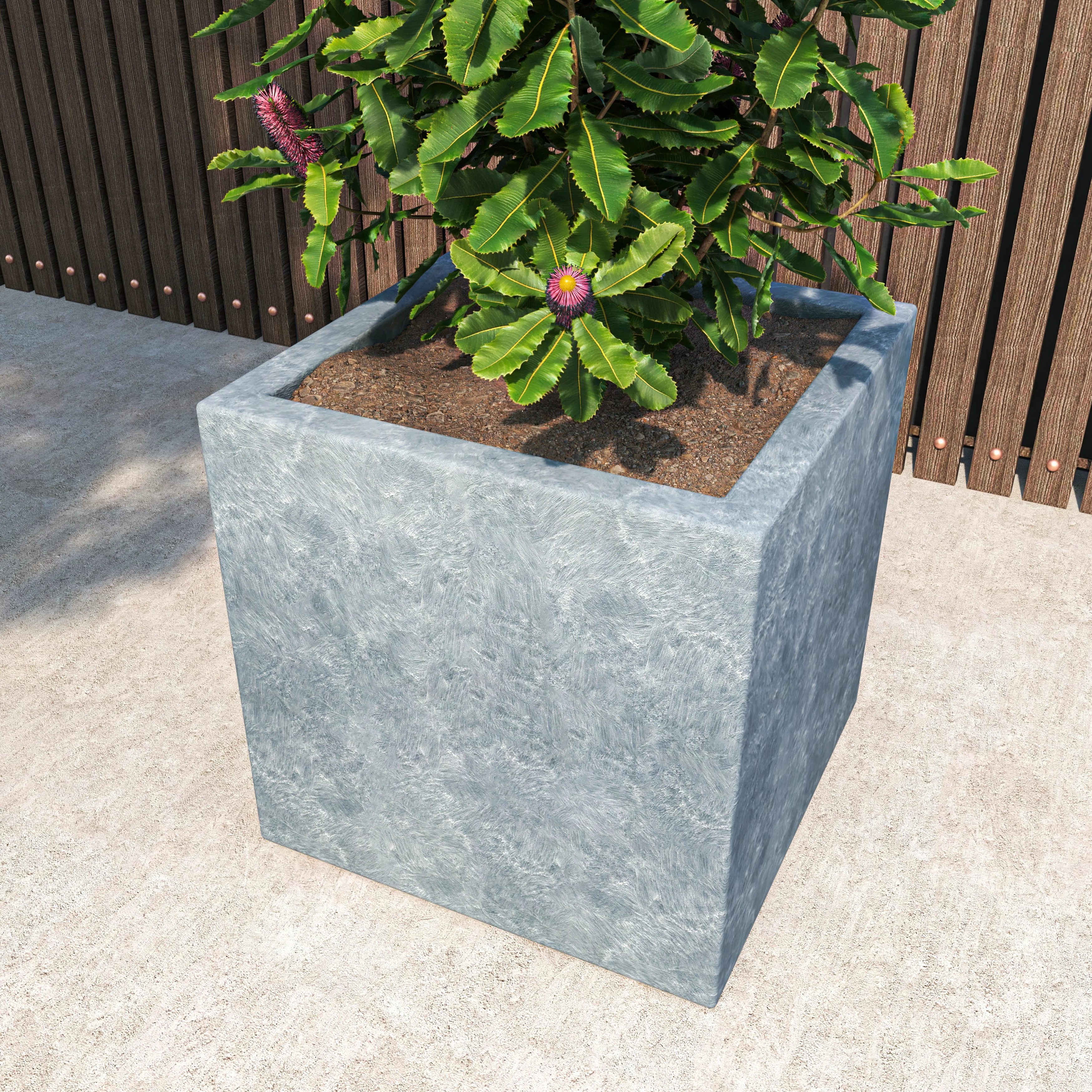 Fern Series Poly Stone Planter 23.6" Cube in Grey
