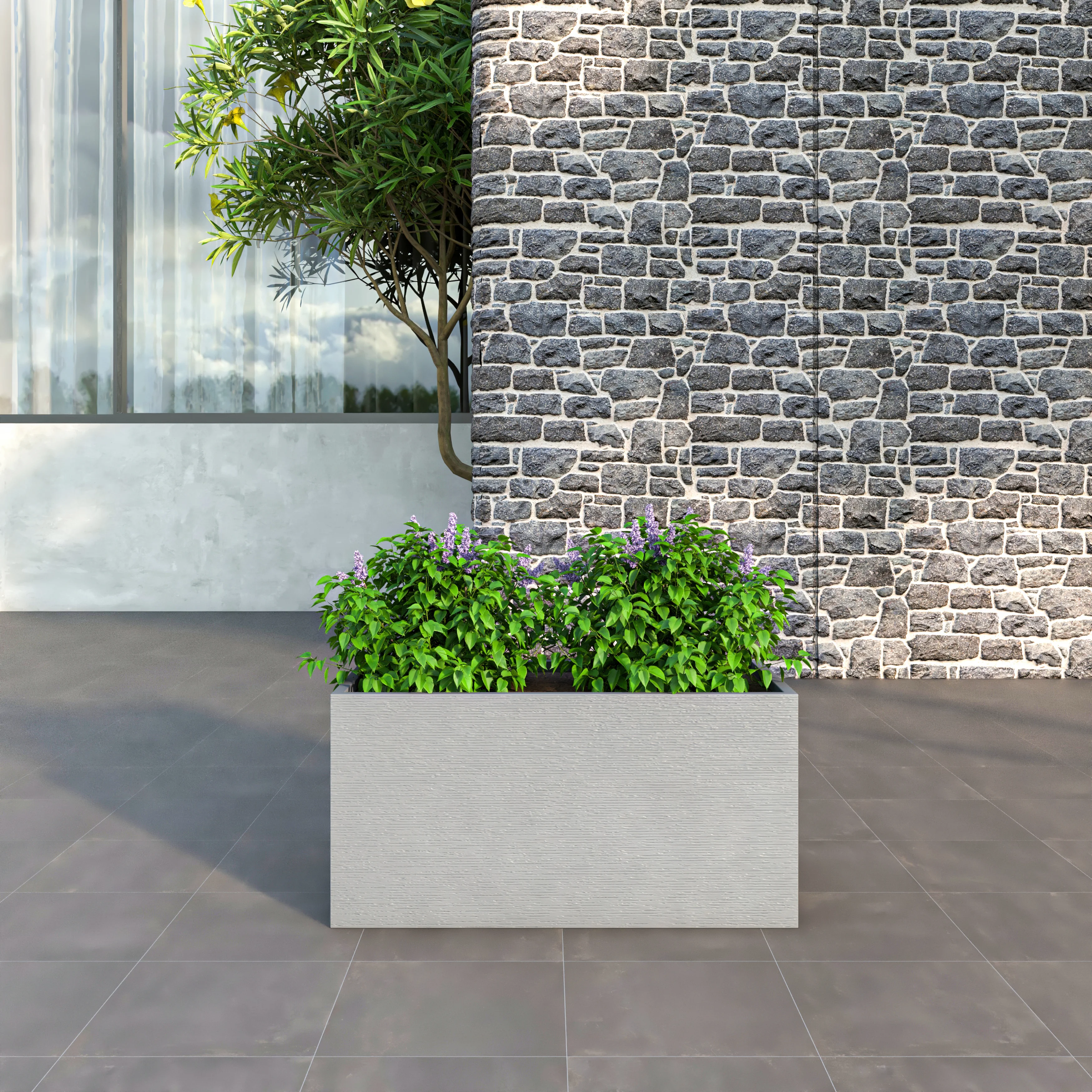 Flora Series Rectangle Poly Stone Planter in Grey 19.7 x 19.7, 39.4 Long