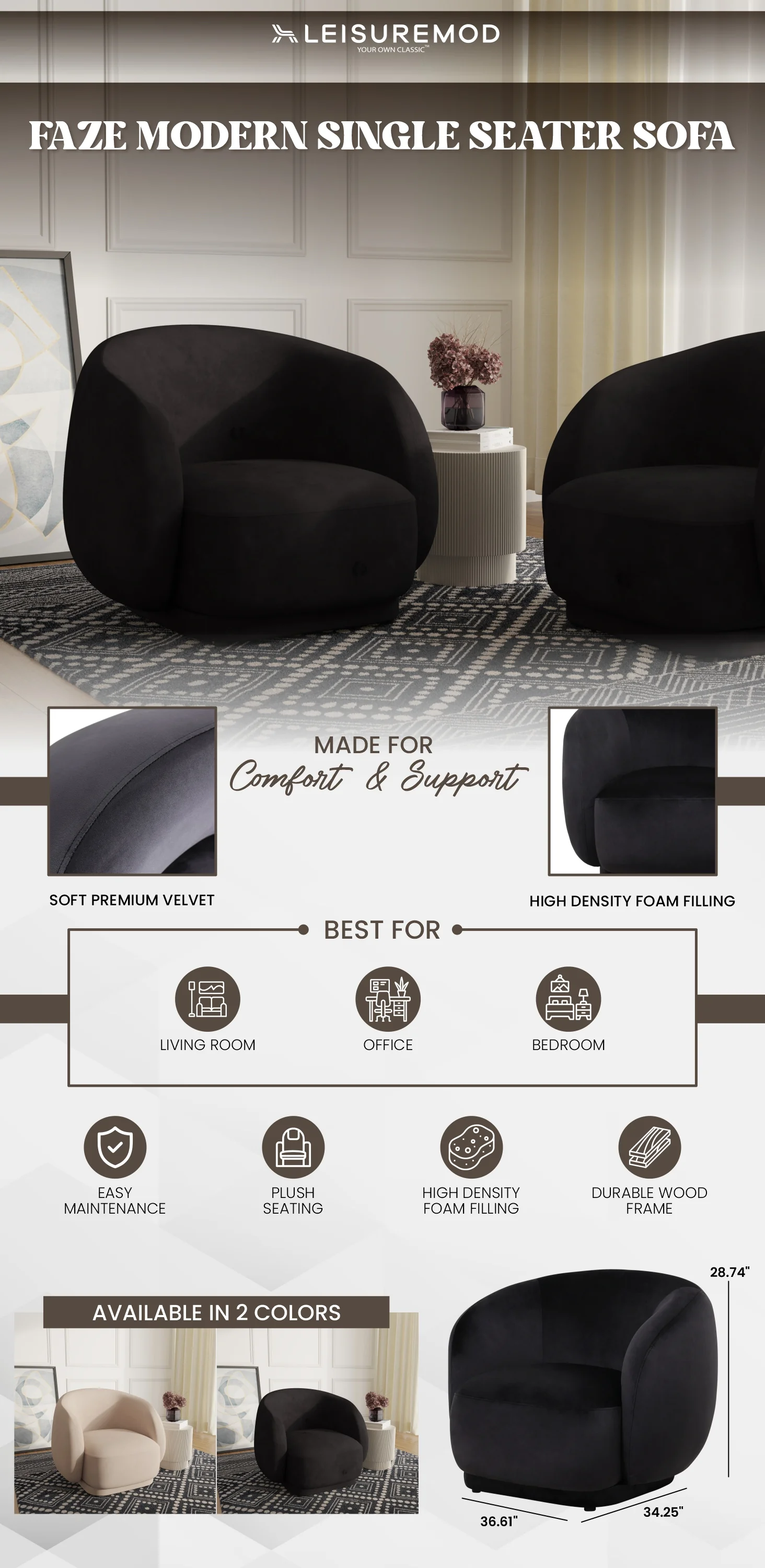 Faze Collection Modern Single Seater Sofa in Black Velvet