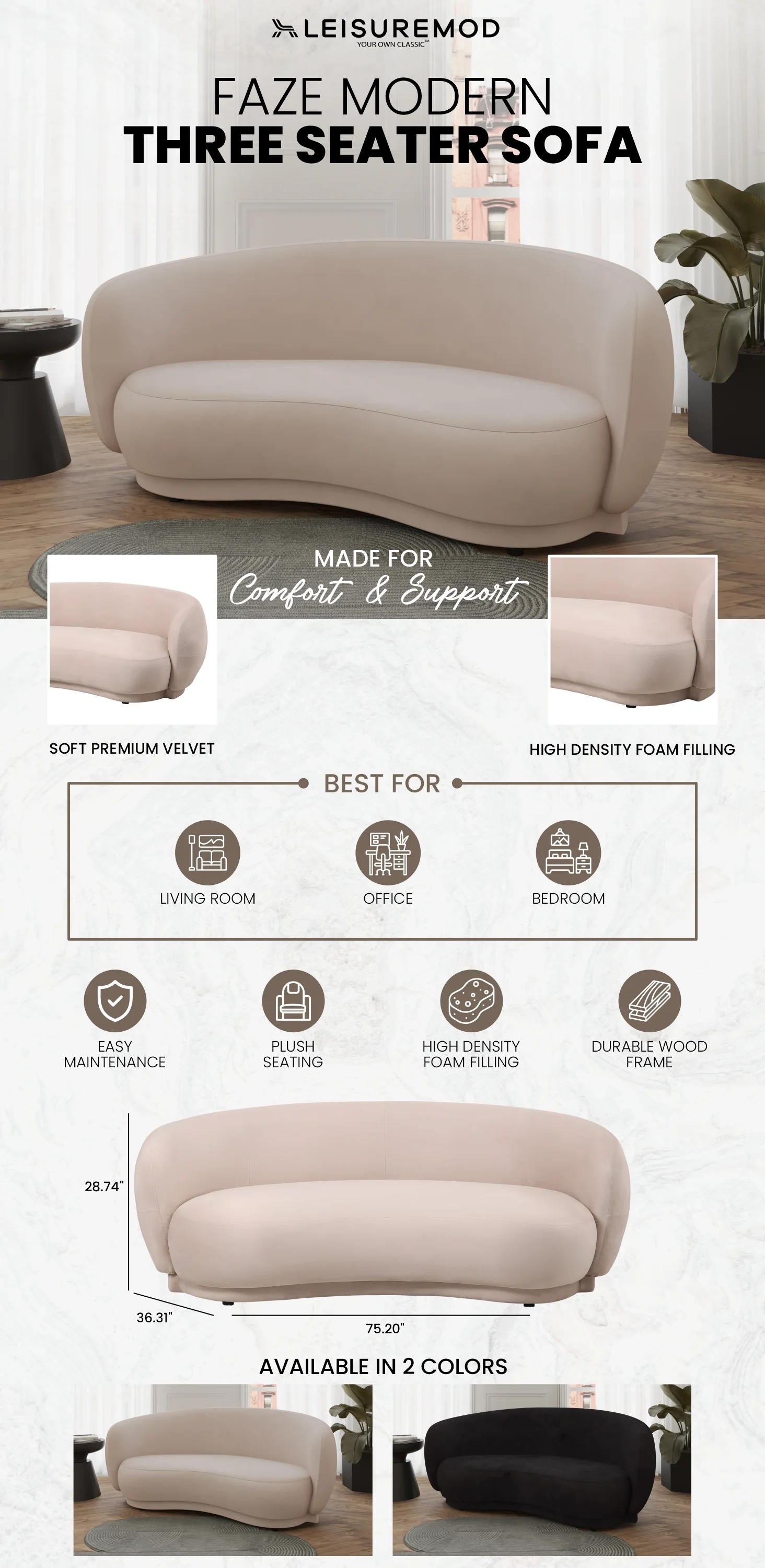 Faze 3-Seater Wide Couch Sofa Upholstered in Velvet