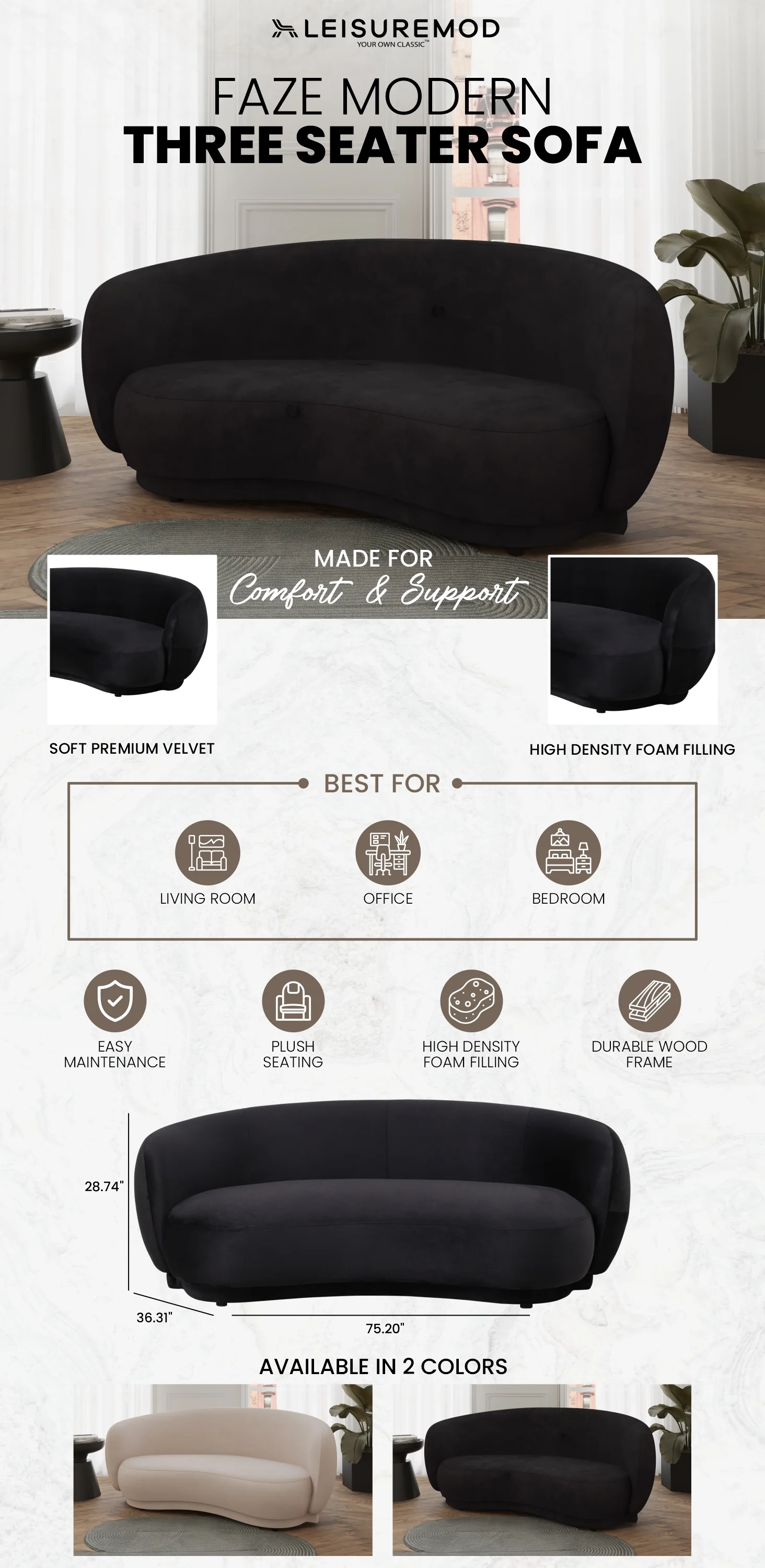 Faze 3-Seater Wide Couch Sofa Upholstered in Velvet