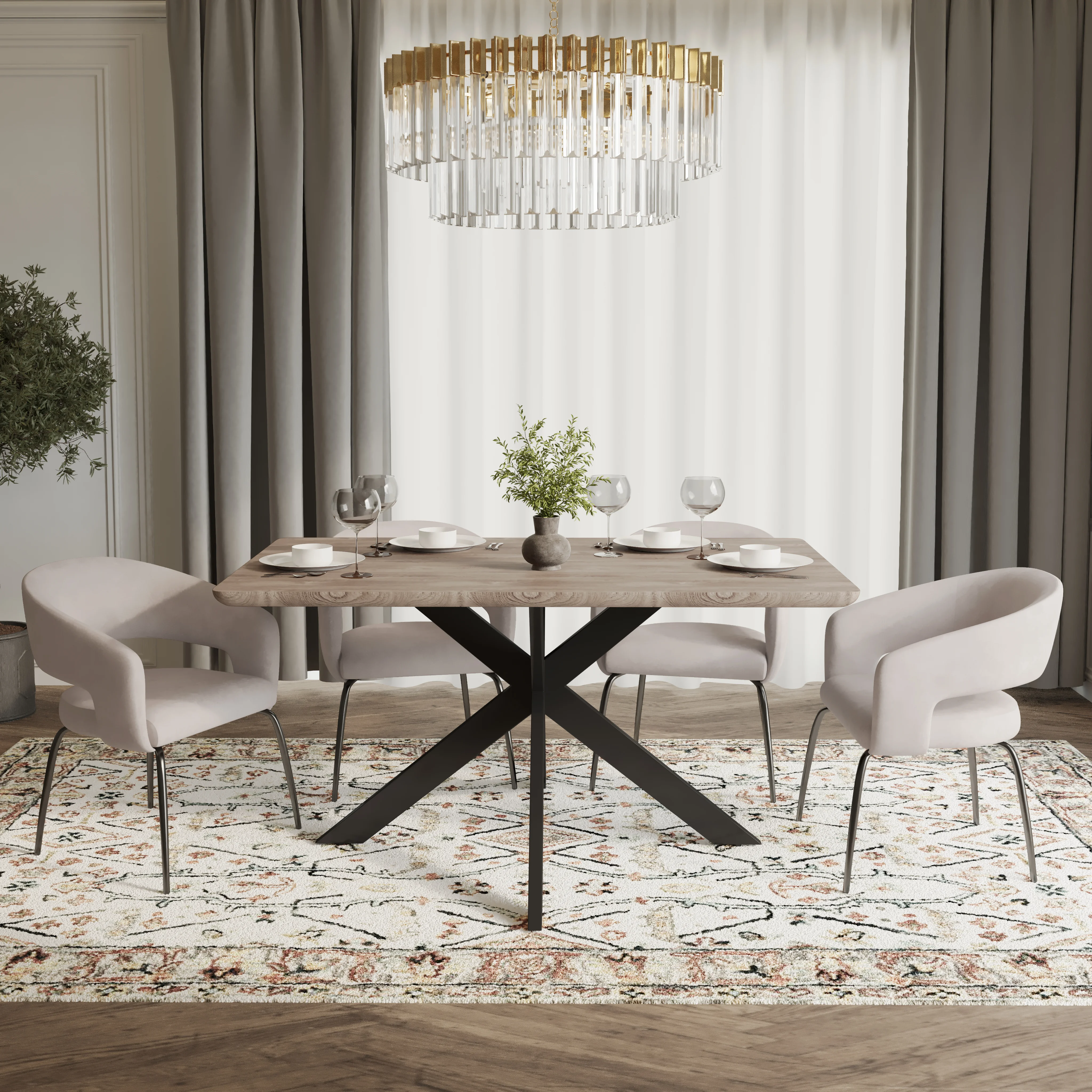 Ravenna 5-Piece Dining Set with Rectangular Dining Table in Maple and 6 Dining Chairs in Beige Velvet