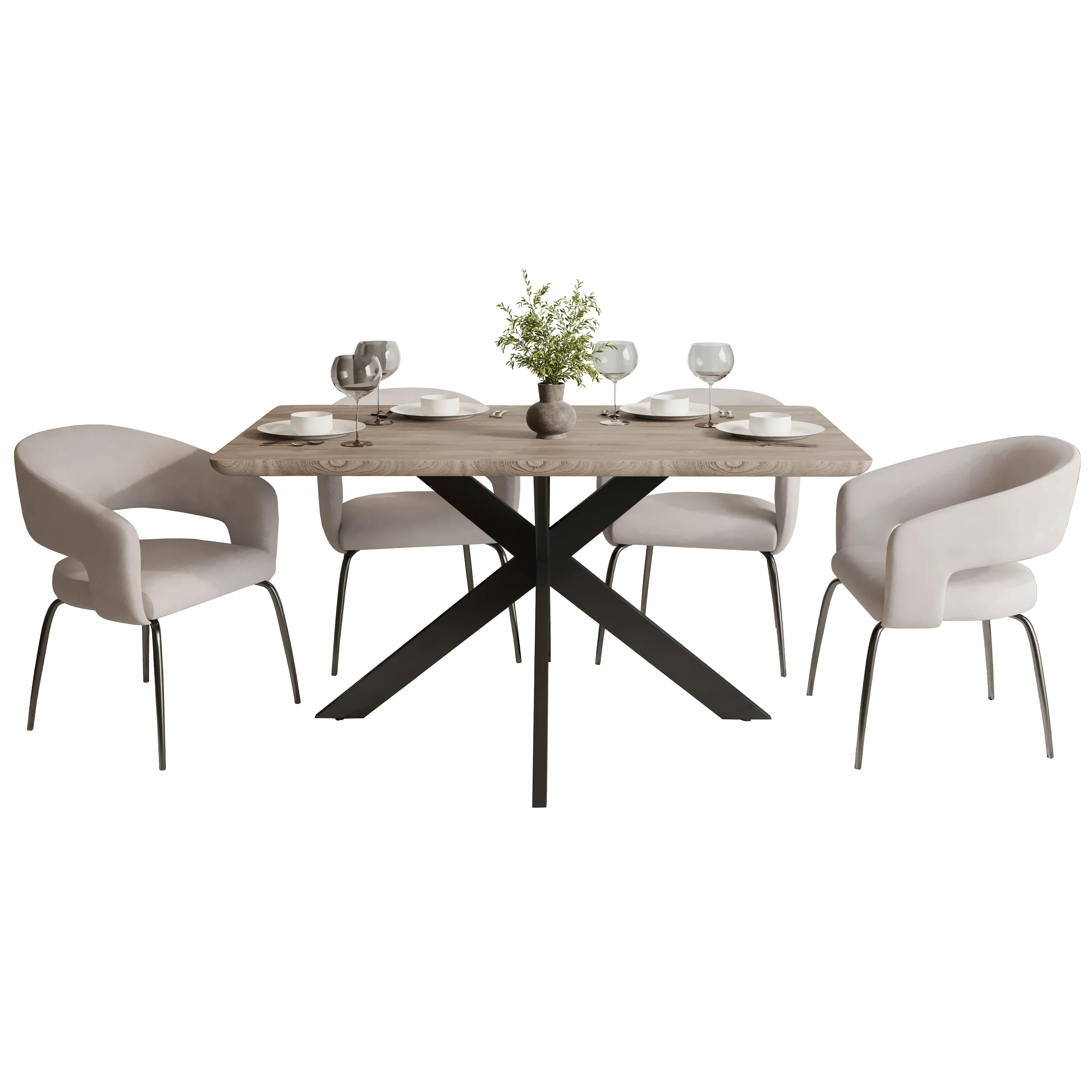 Ravenna 5-Piece Dining Set with Rectangular Dining Table in Maple and 6 Dining Chairs in Beige Velvet
