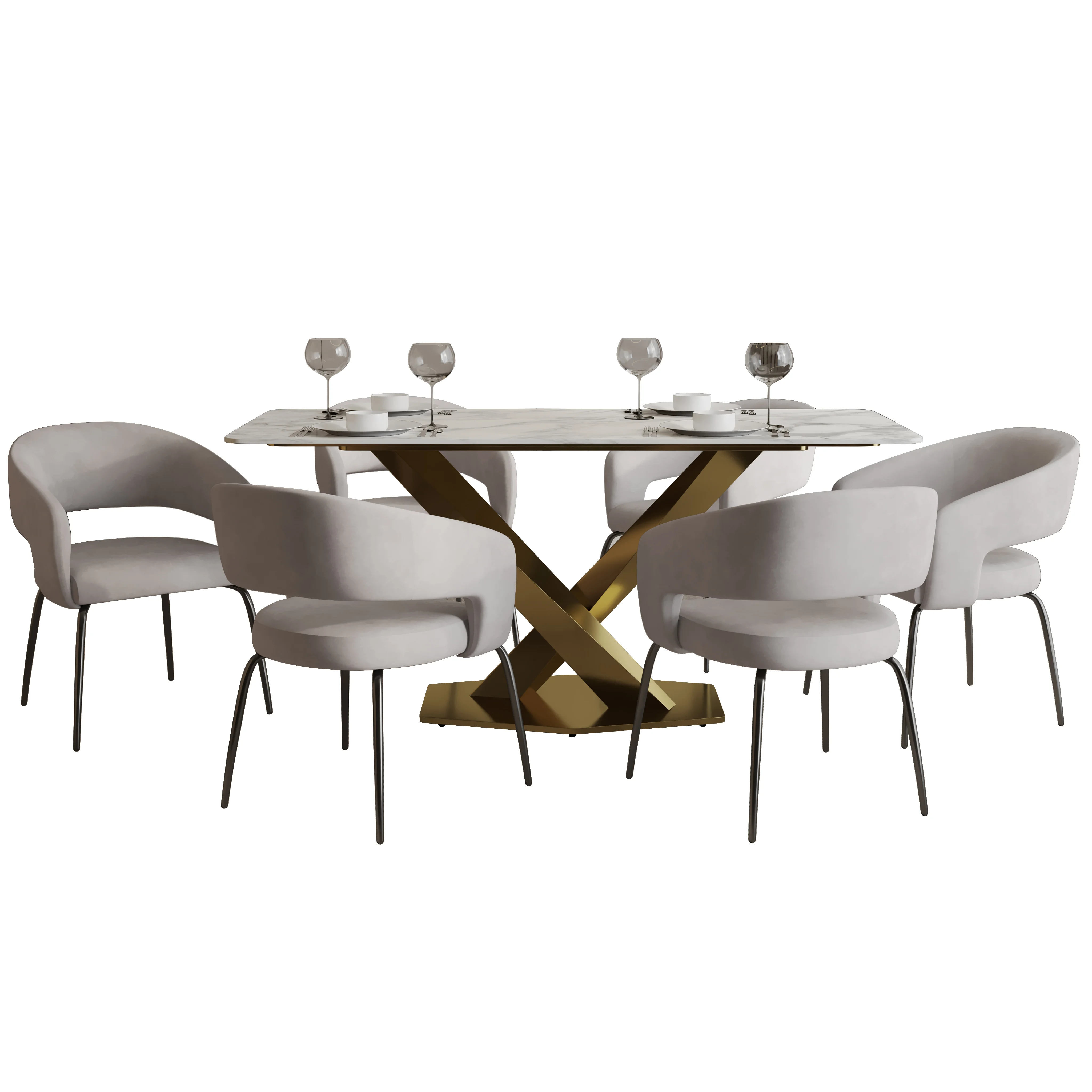 7-Piece Dining Set with Rectangular Sintered Stone Dining Table Gold Base and 6 Velvet Dining Chairs with Iron Base