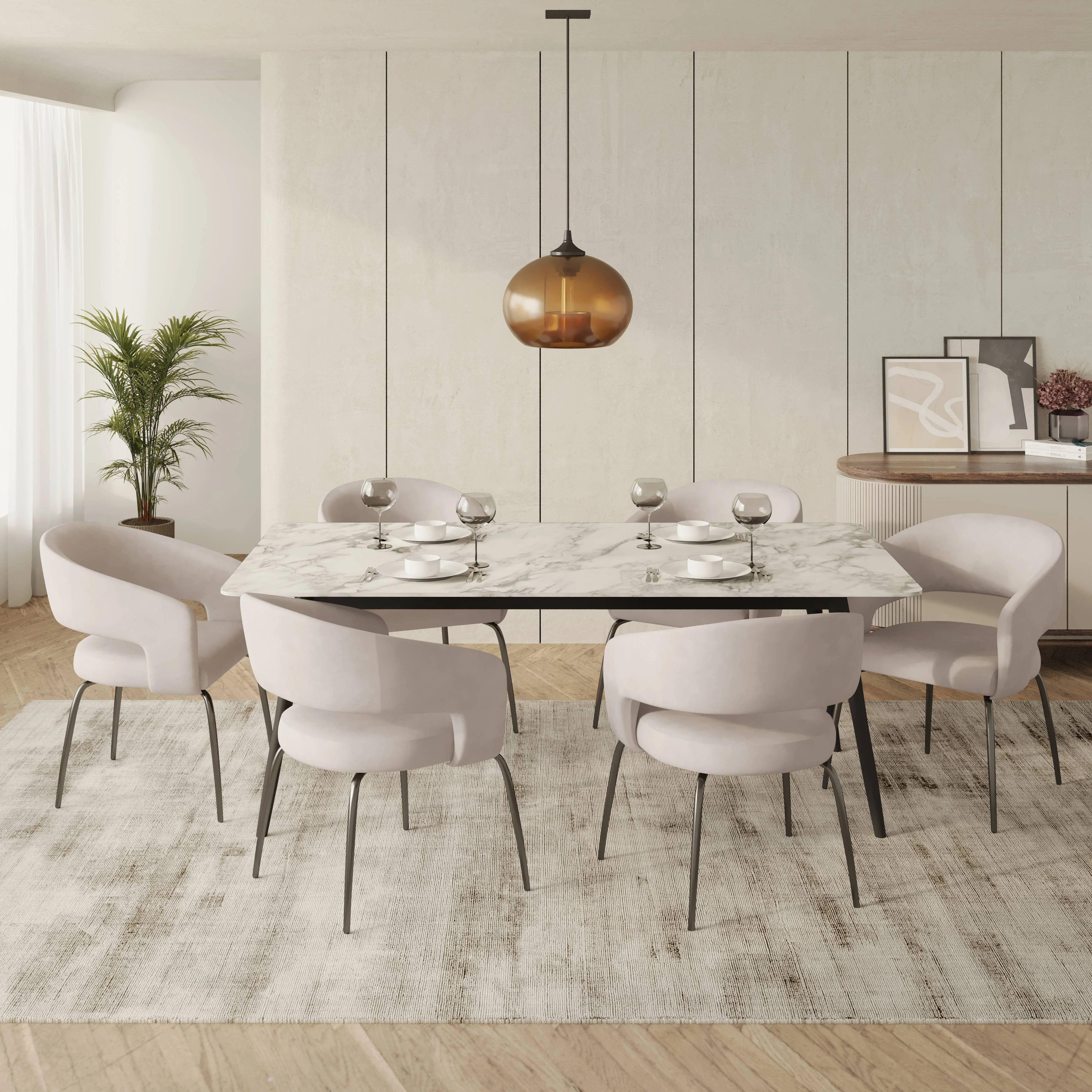 7-Piece Dining Set with Rectangular Sintered Stone Dining Table and 6 Velvet Dining Chairs with Iron Base