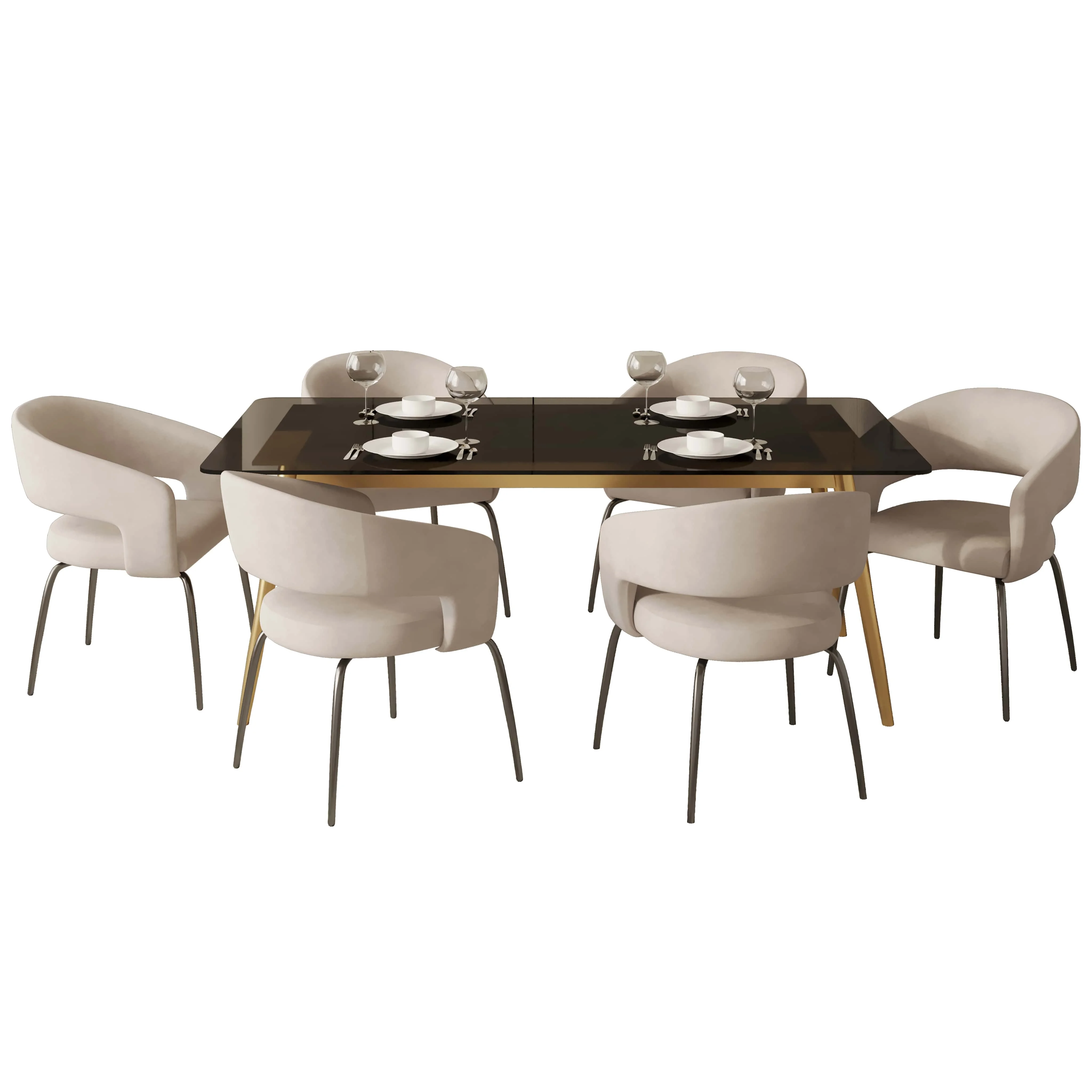 7-Piece Dining Set with Rectangular Glass Dining Table Gold Base and 6 Velvet Dining Chairs with Iron Base