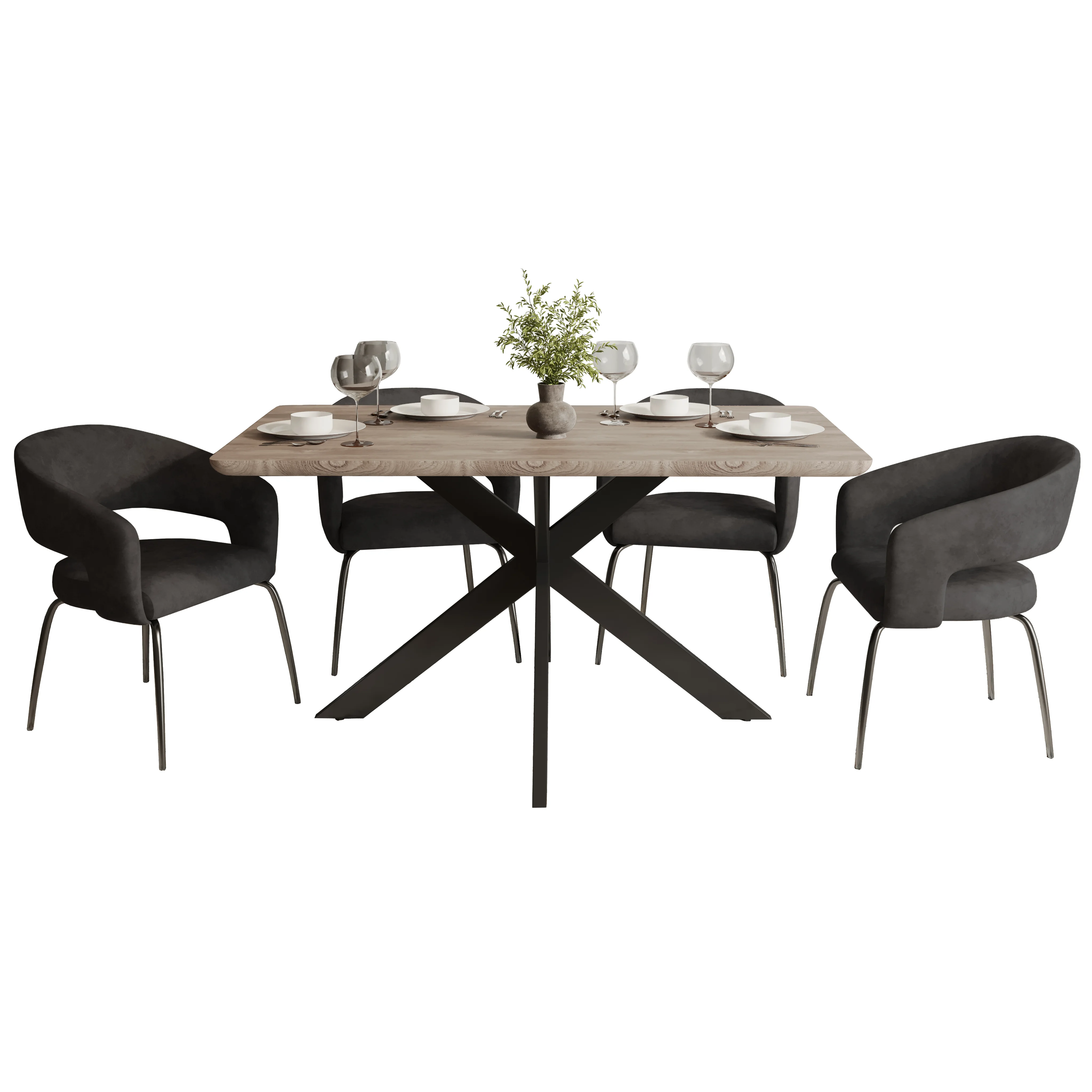 Ravenna 5-Piece Dining Set with Rectangular Dining Table in Maple and 6 Dining Chairs in Charcoal Velvet