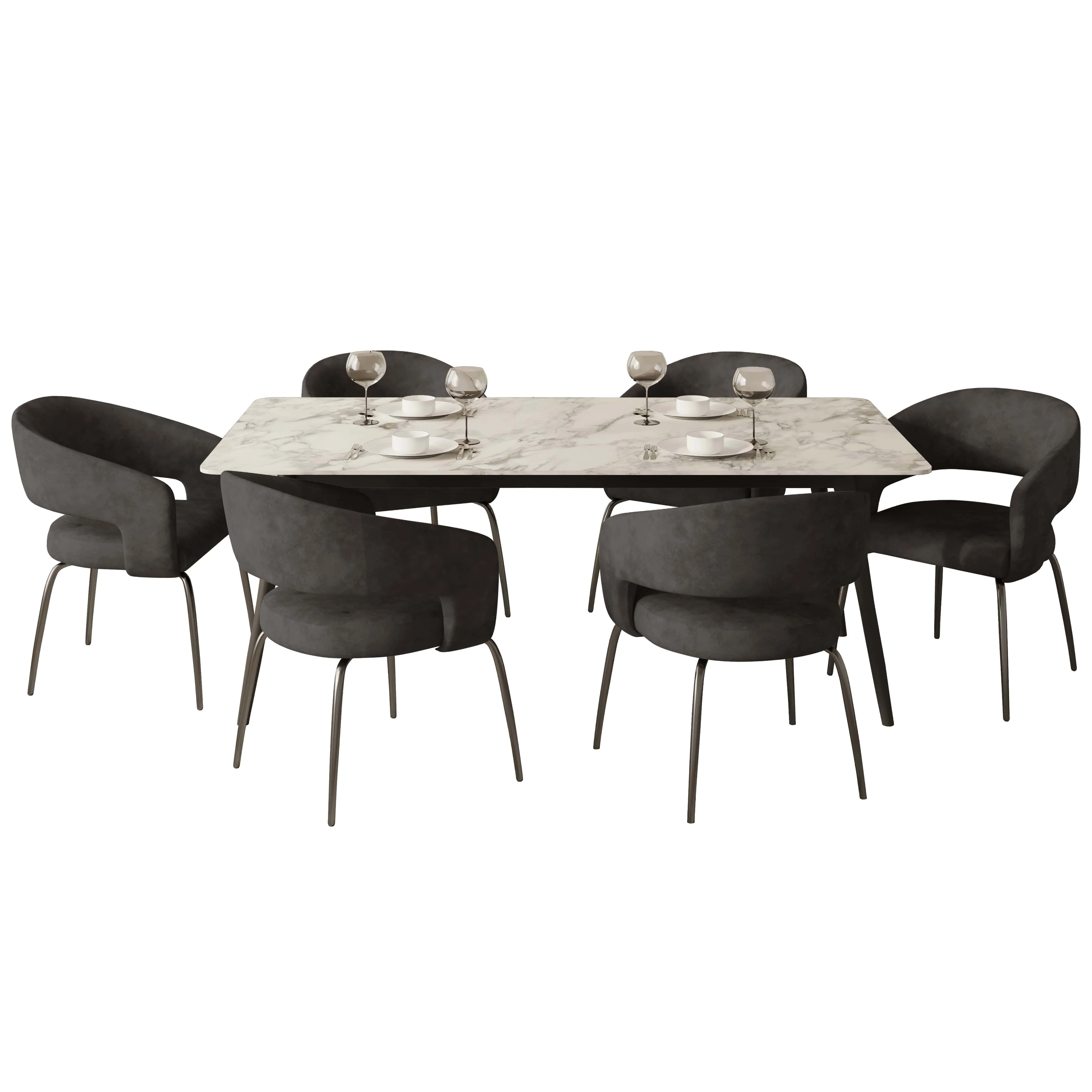 7-Piece Dining Set with Rectangular Sintered Stone Dining Table and 6 Velvet Dining Chairs with Iron Base