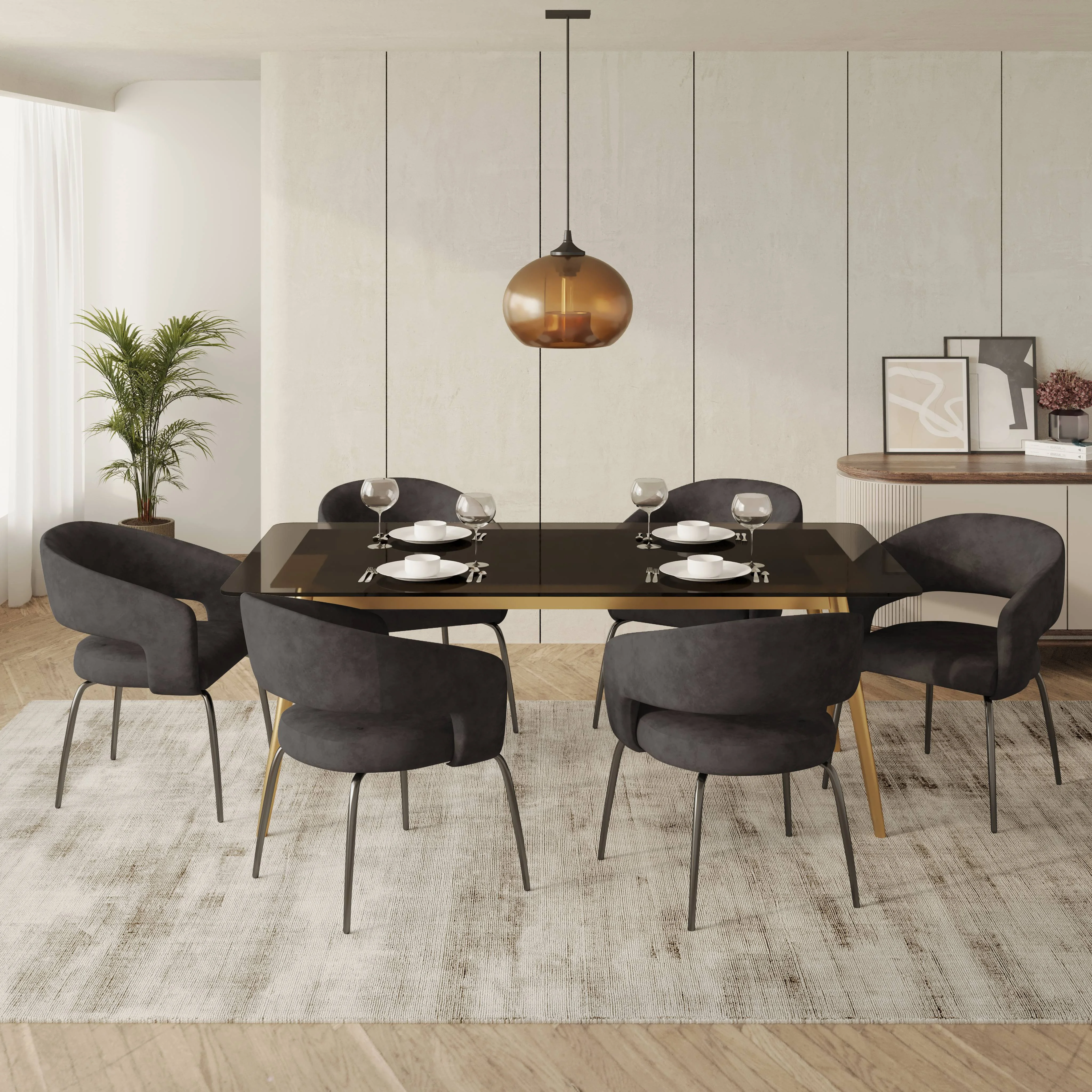 7-Piece Dining Set with Rectangular Glass Dining Table Gold Base and 6 Velvet Dining Chairs with Iron Base