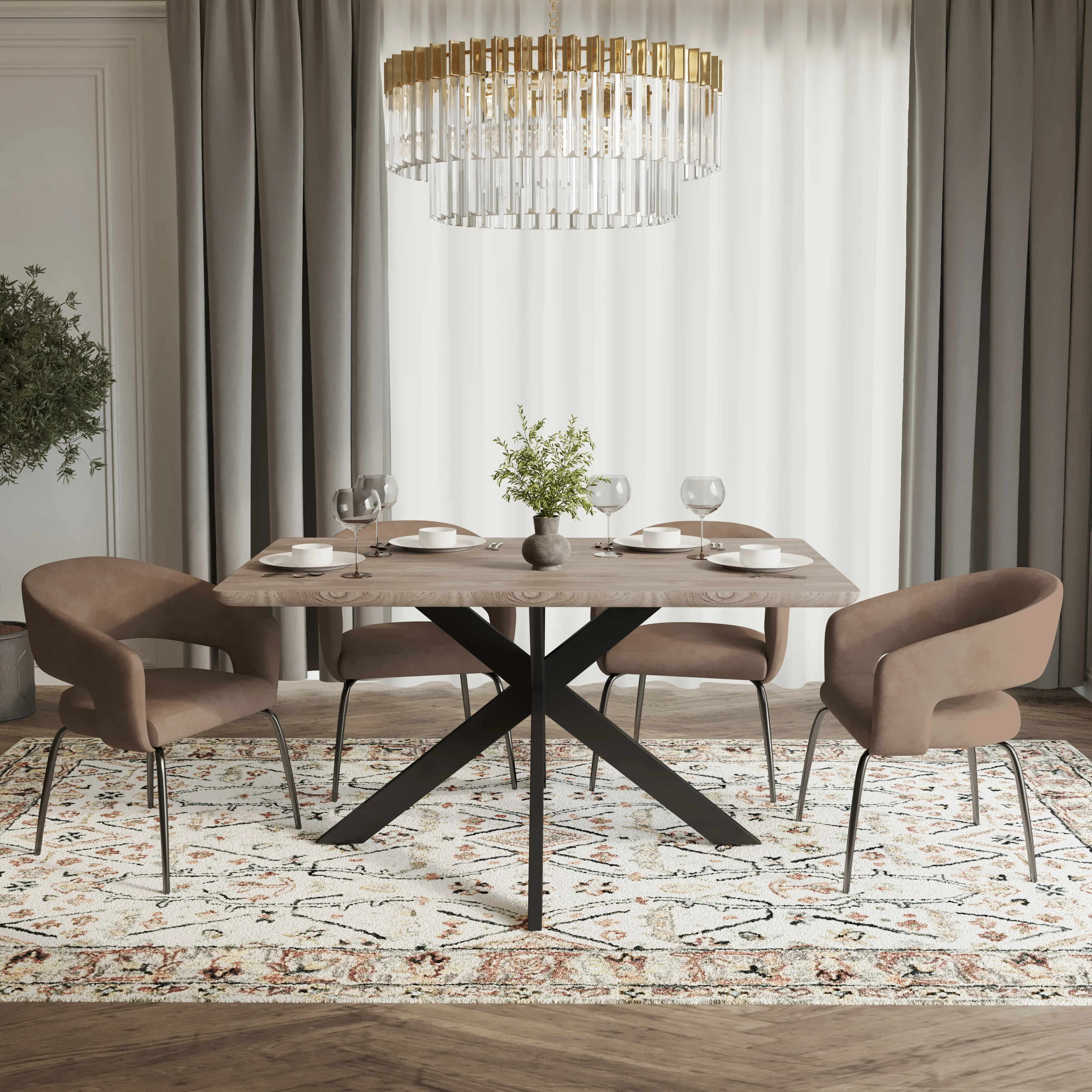 Ravenna 5-Piece Dining Set with Rectangular Dining Table in Maple and 6 Dining Chairs in Light Brown Velvet