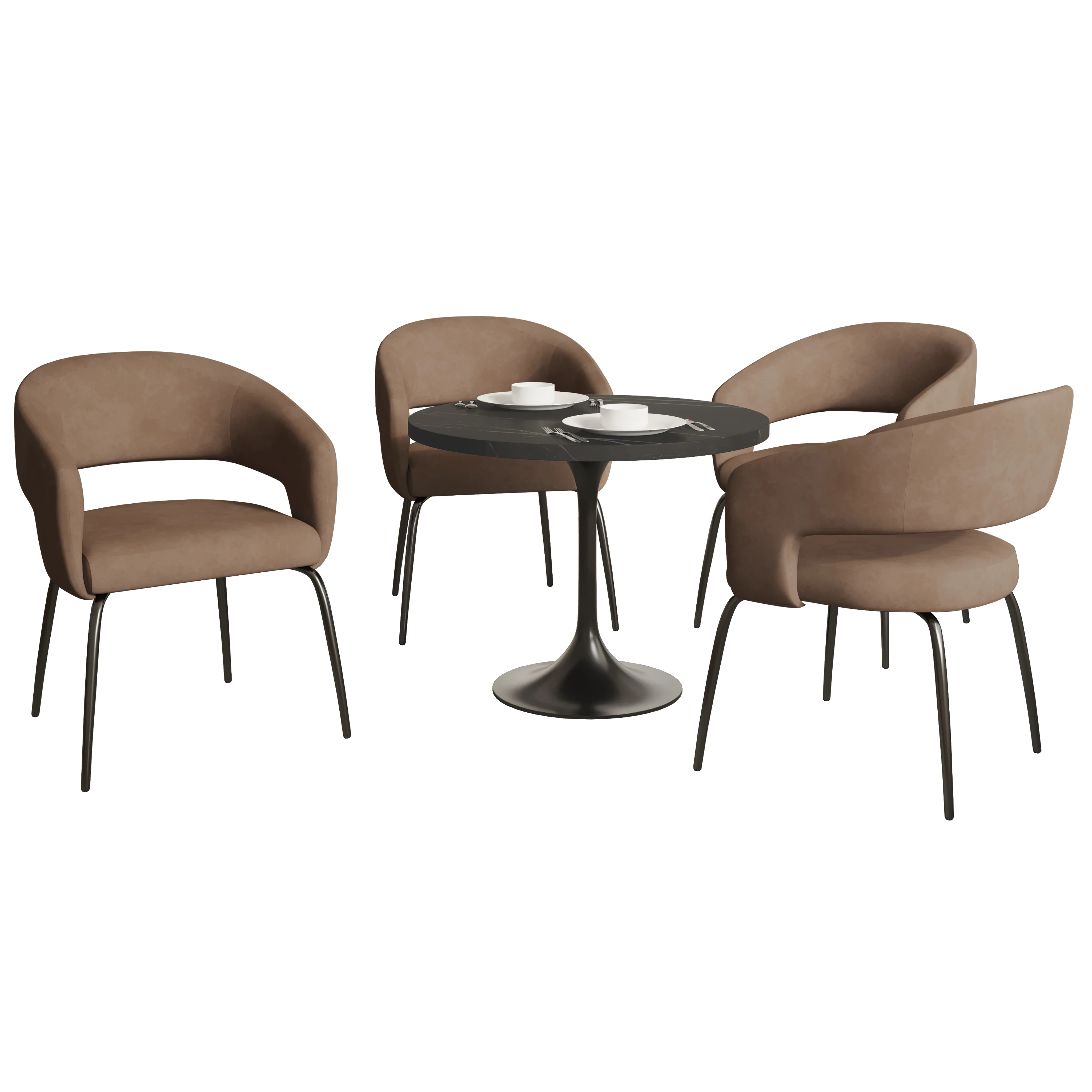 Verve 5-Piece Dining Set with 36" Round Dining Table in Black MDF Top and 4 Dining Chairs in Light Brown Velvet