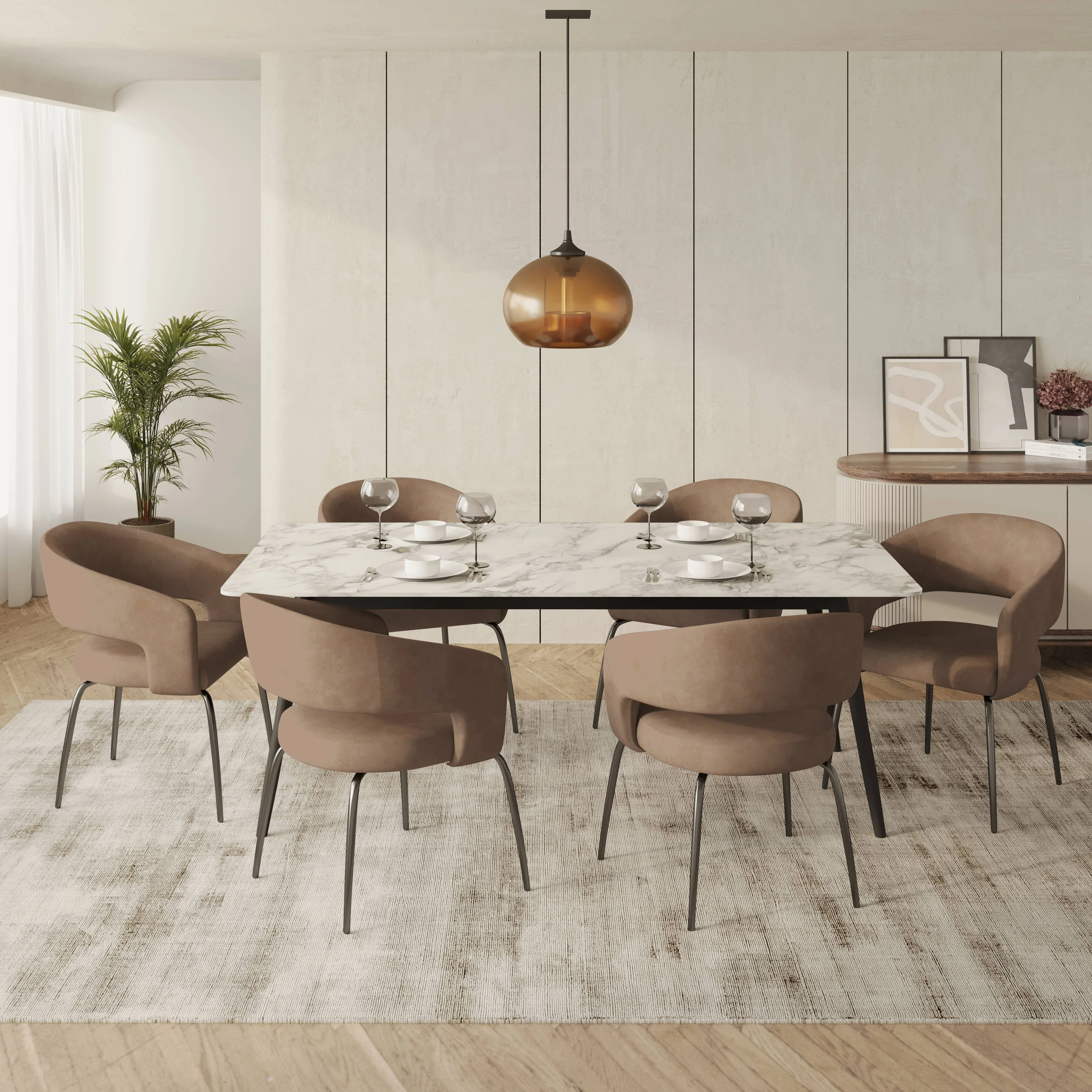 7-Piece Dining Set with Rectangular Sintered Stone Dining Table and 6 Velvet Dining Chairs with Iron Base