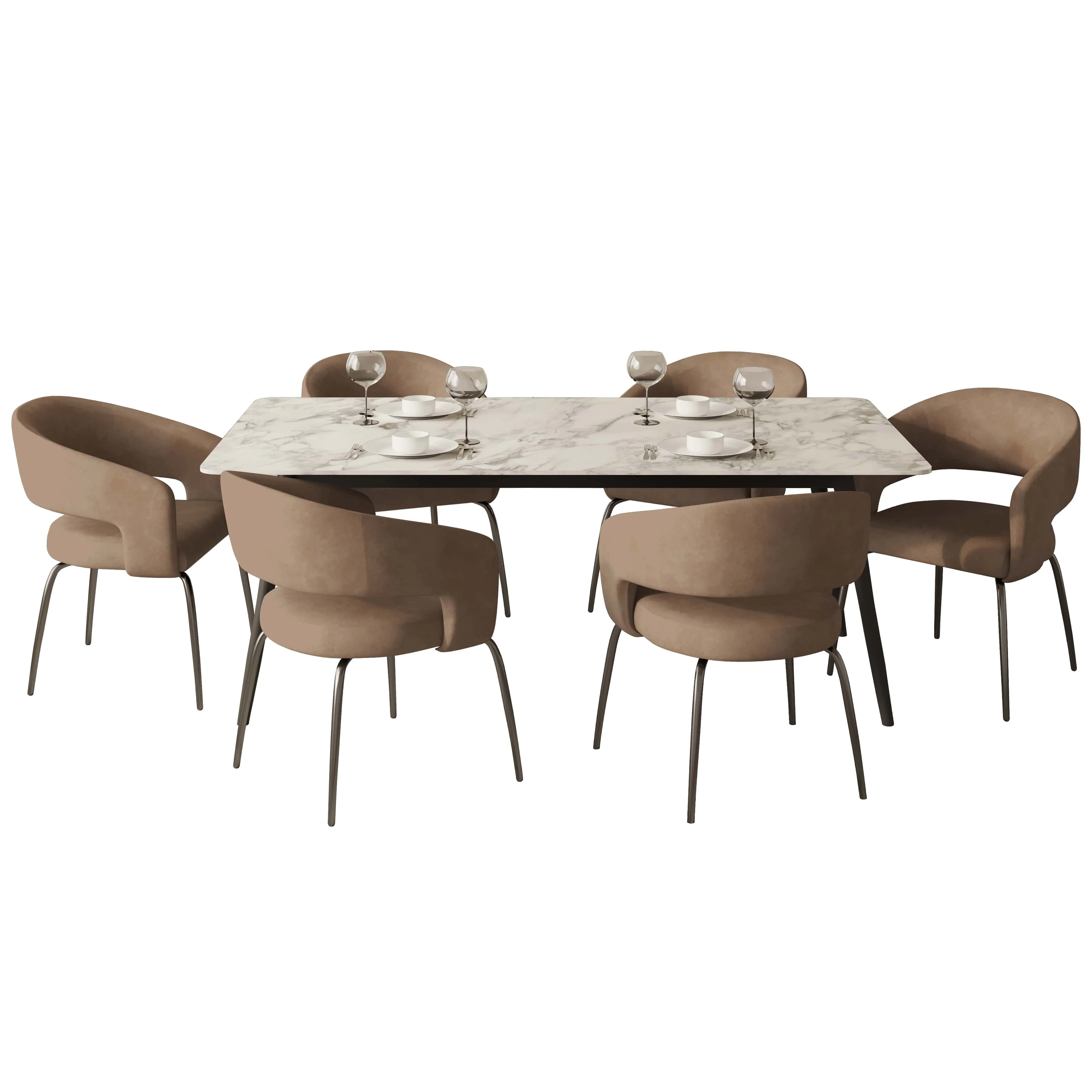 7-Piece Dining Set with Rectangular Sintered Stone Dining Table and 6 Velvet Dining Chairs with Iron Base