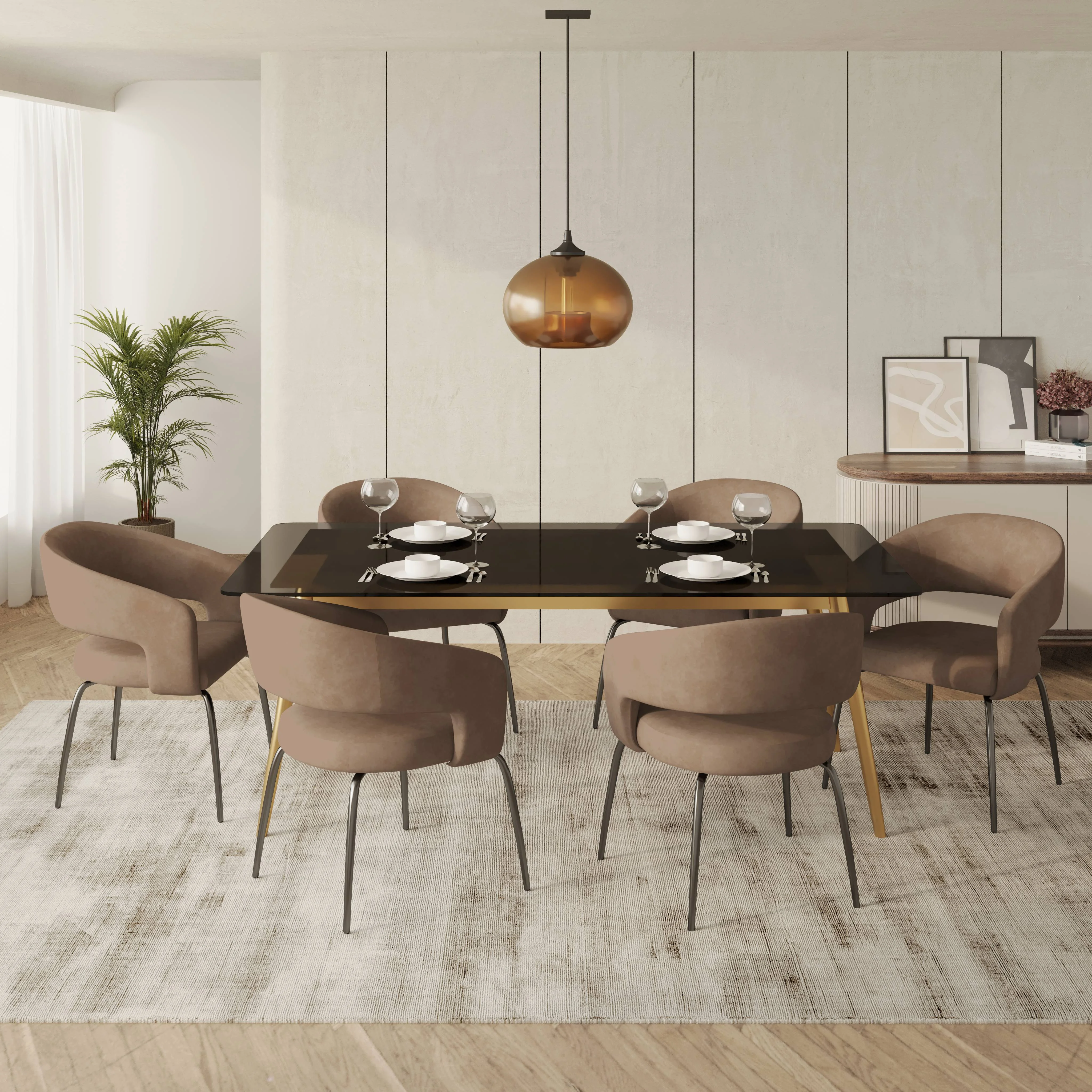 7-Piece Dining Set with Rectangular Glass Dining Table Gold Base and 6 Velvet Dining Chairs with Iron Base