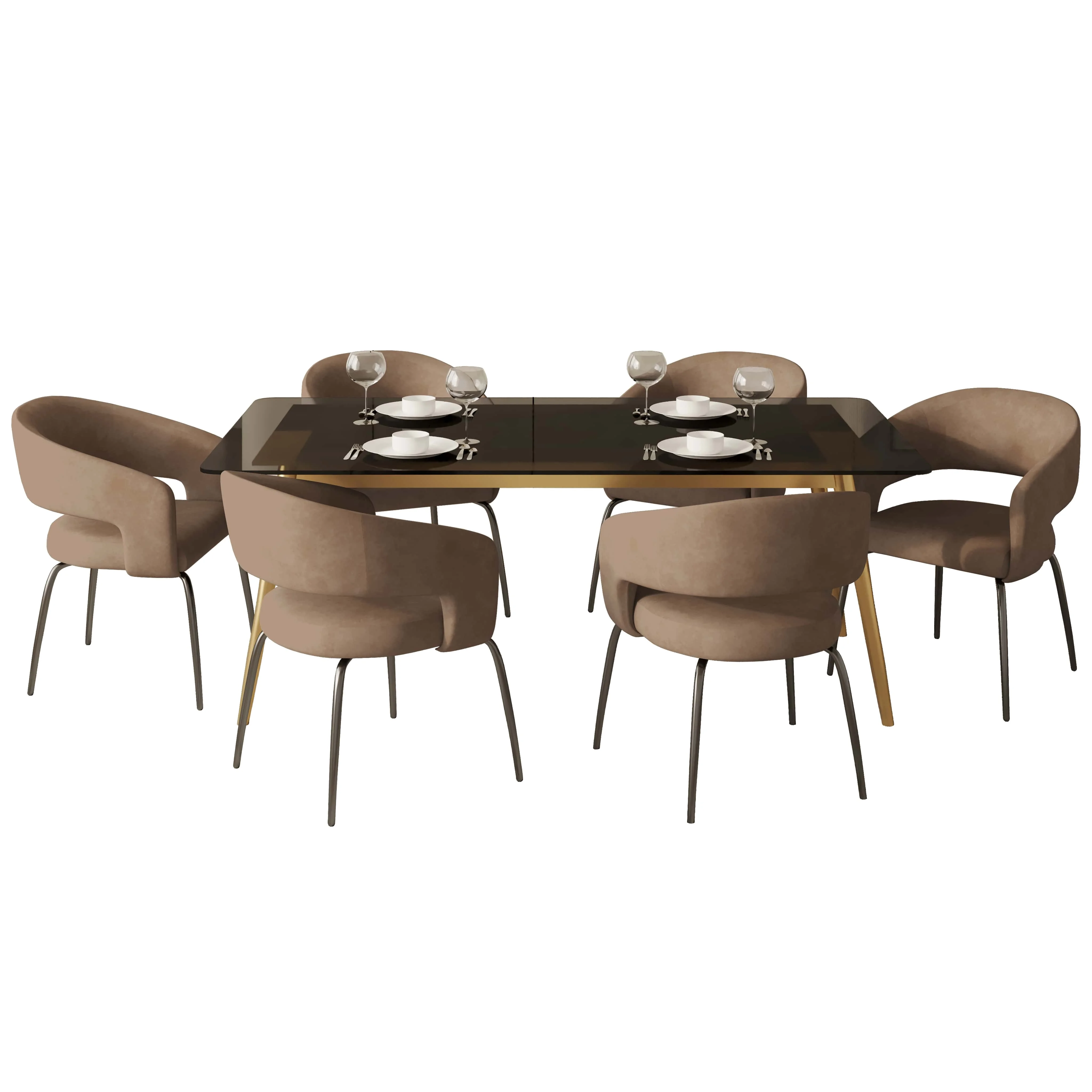 7-Piece Dining Set with Rectangular Glass Dining Table Gold Base and 6 Velvet Dining Chairs with Iron Base