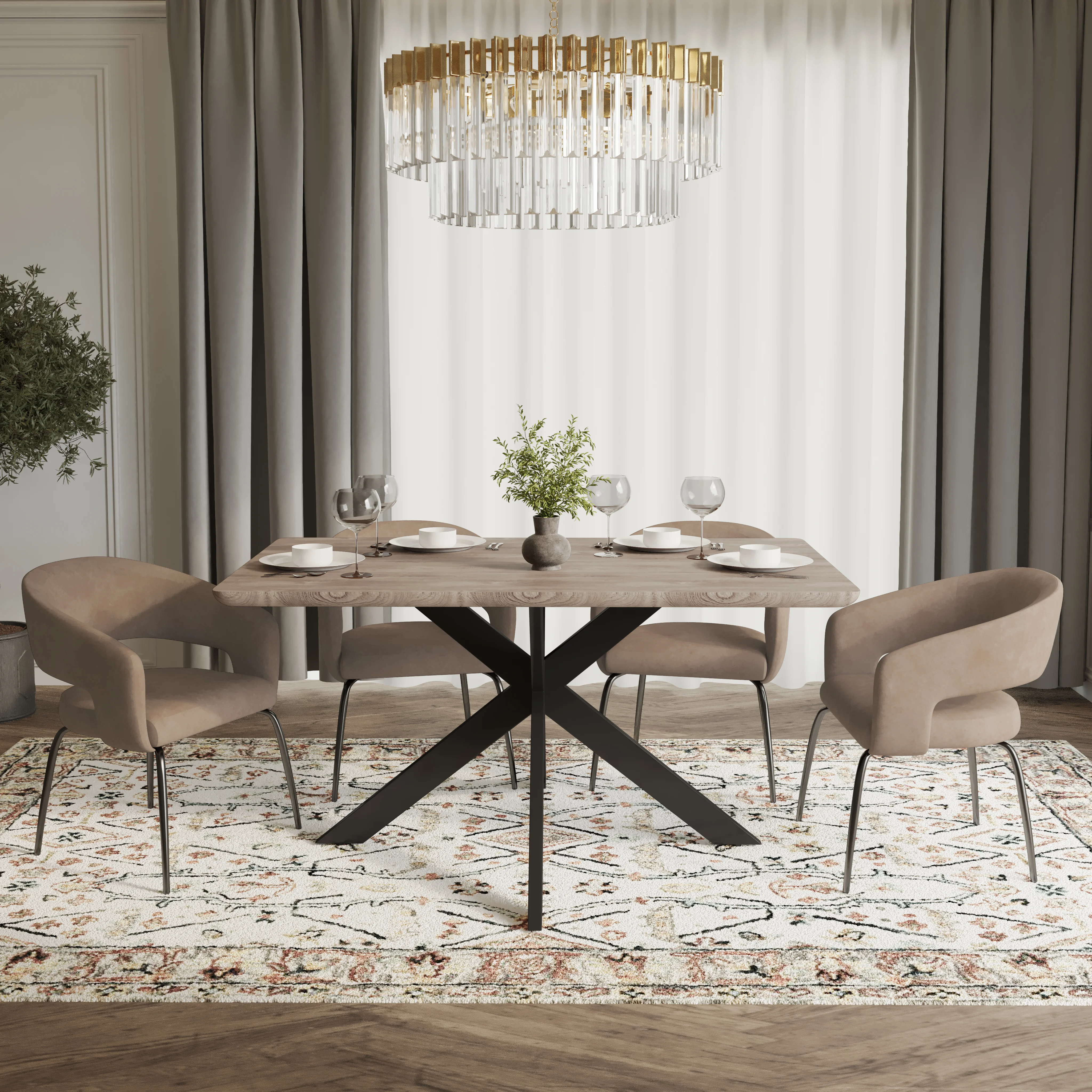 Ravenna 5-Piece Dining Set with Rectangular Dining Table in Maple and 6 Dining Chairs in Light Taupe Leather