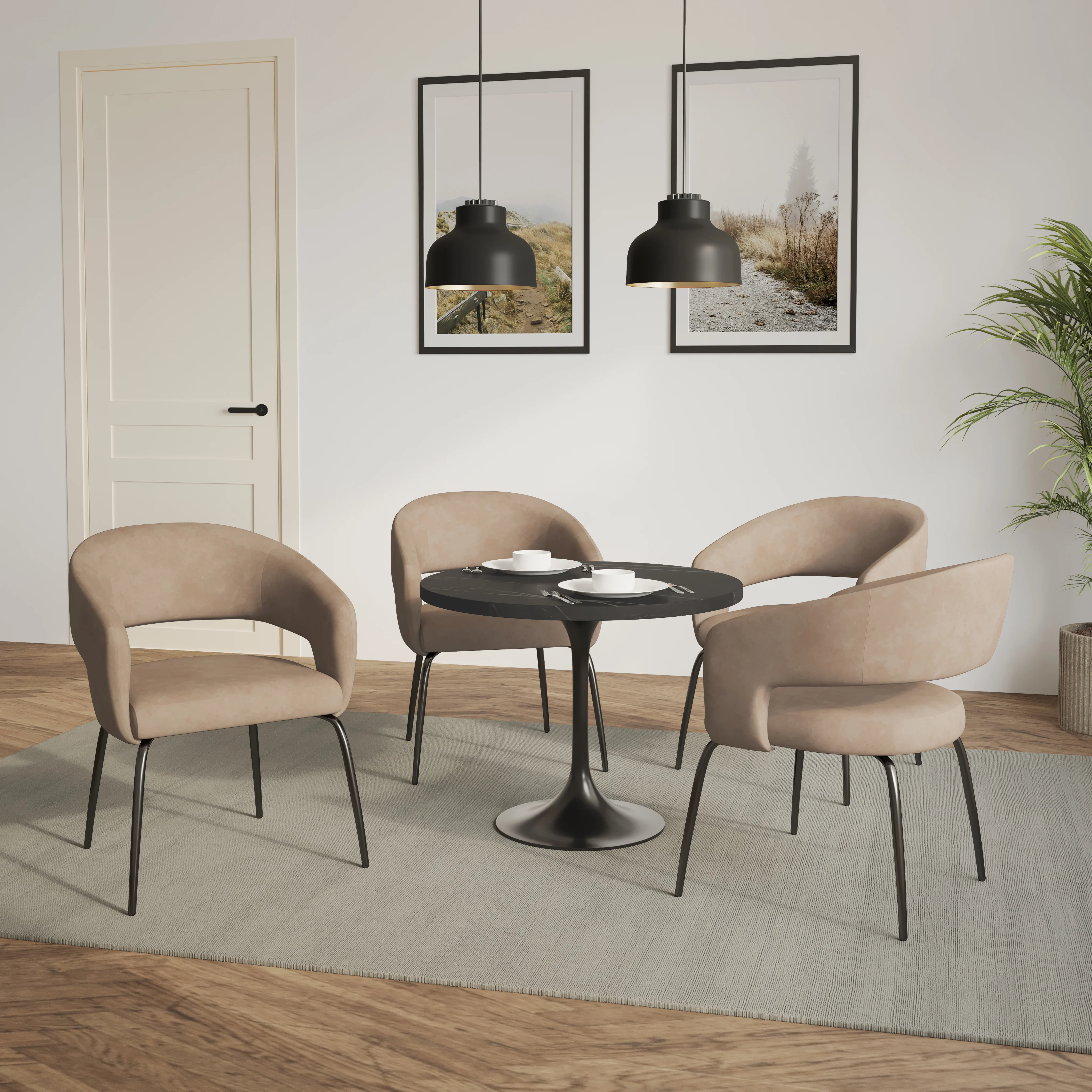 Verve 5-Piece Dining Set with 36" Round Dining Table in Black MDF Top and 4 Dining Chairs in Light Taupe Leather