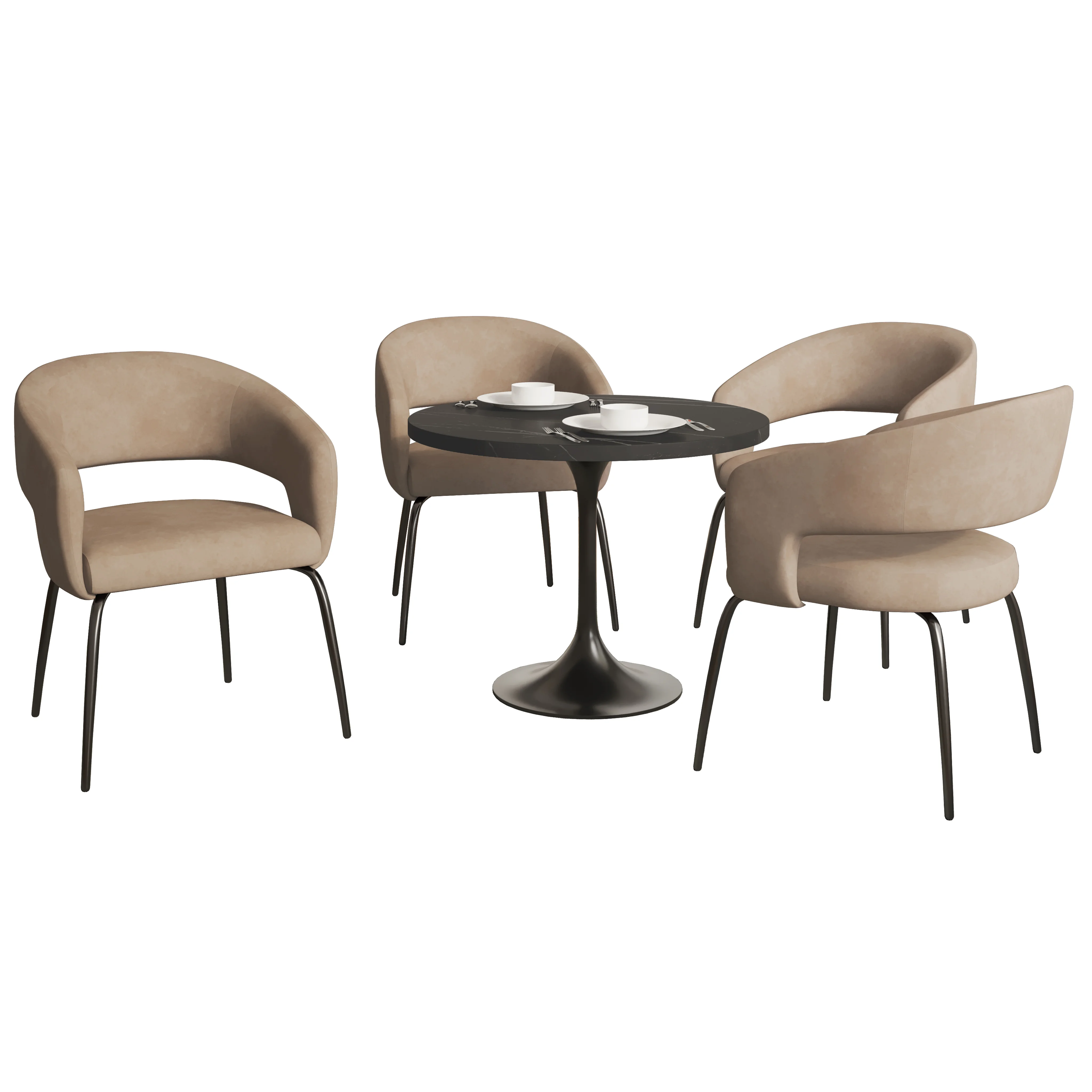 Verve 5-Piece Dining Set with 36" Round Dining Table in Black MDF Top and 4 Dining Chairs in Light Taupe Leather