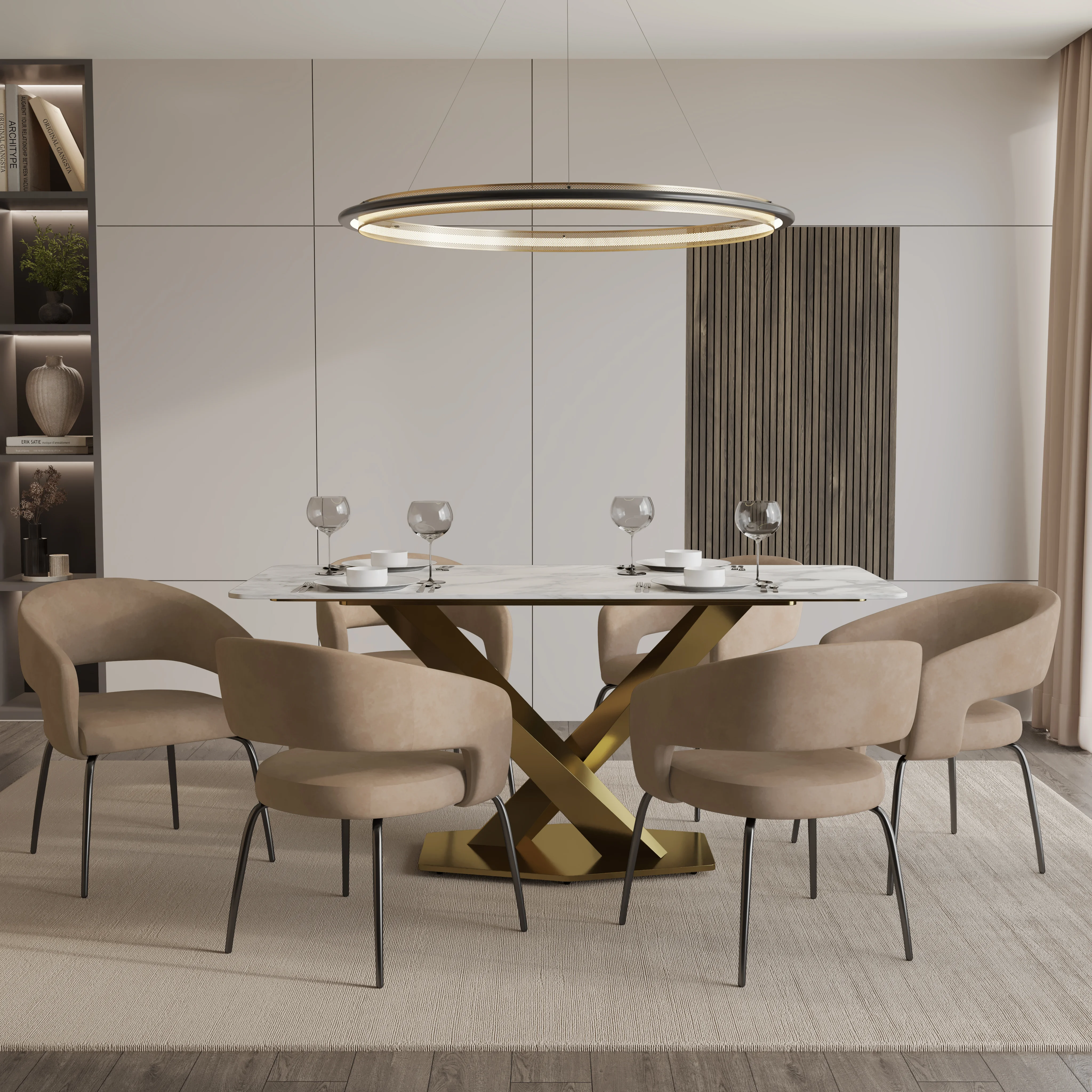 7-Piece Dining Set with Rectangular Sintered Stone Dining Table Gold Base and 6 Leather Dining Chairs with Iron Base