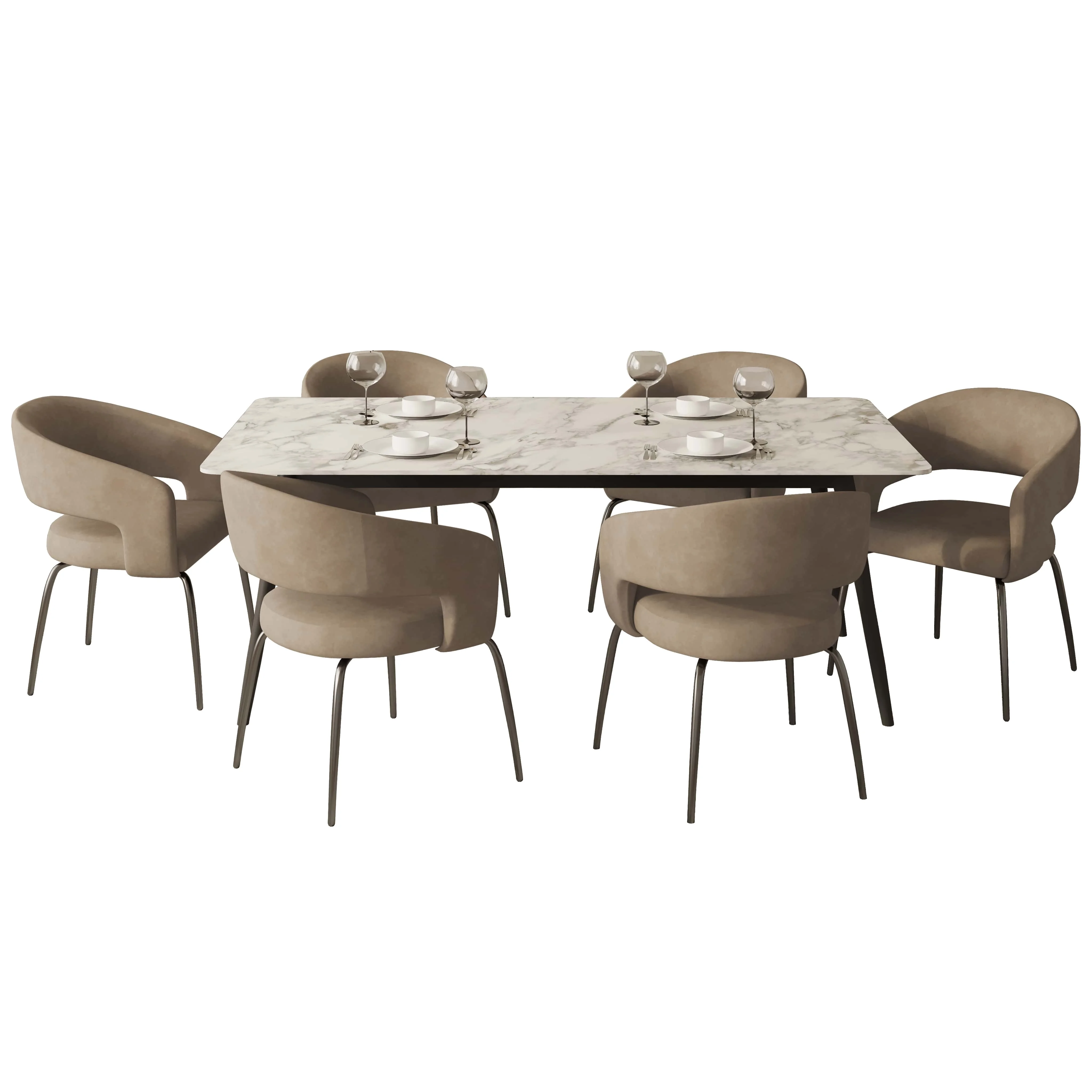7-Piece Dining Set with Rectangular Sintered Stone Dining Table and 6 Leather Dining Chairs with Iron Base