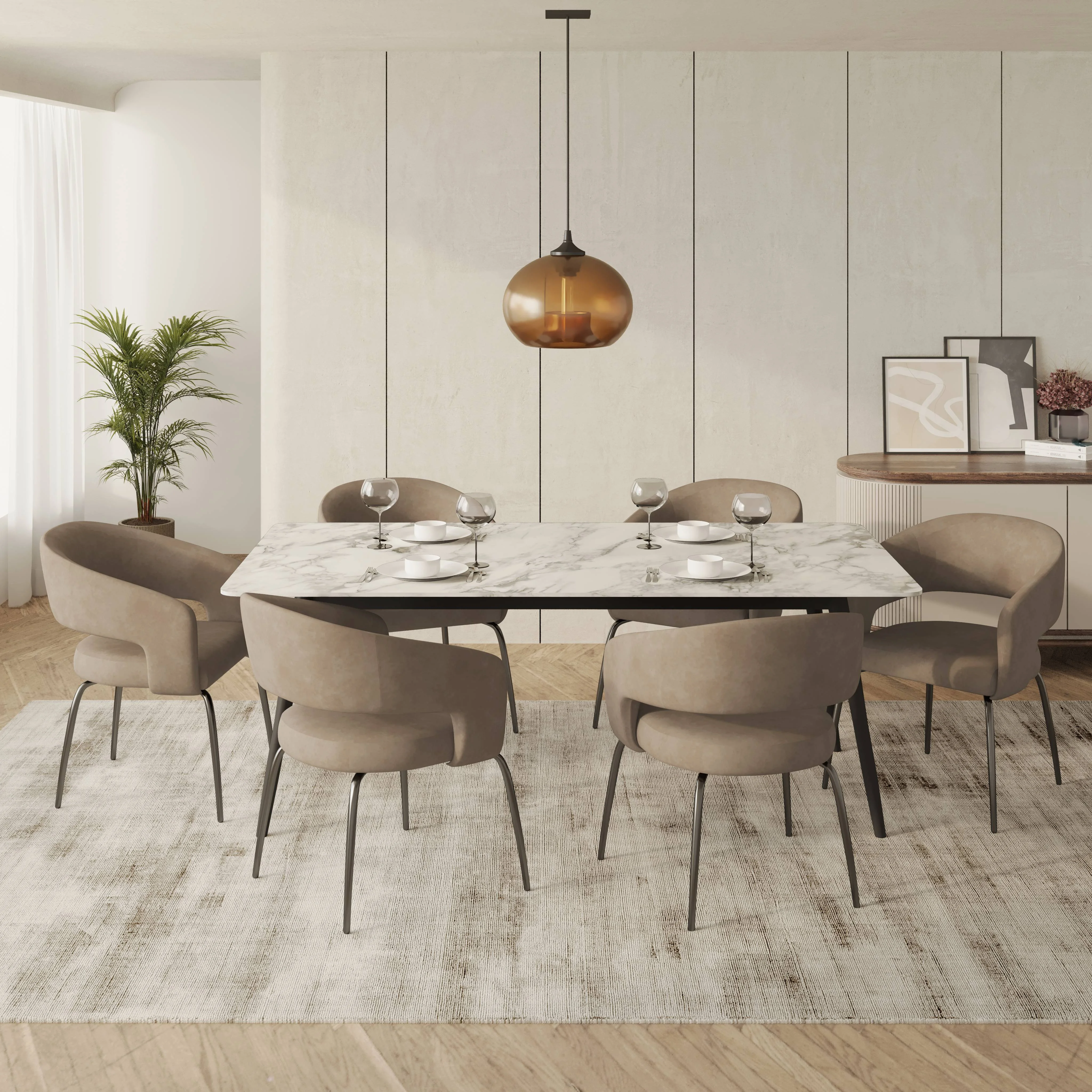 7-Piece Dining Set with Rectangular Sintered Stone Dining Table and 6 Leather Dining Chairs with Iron Base
