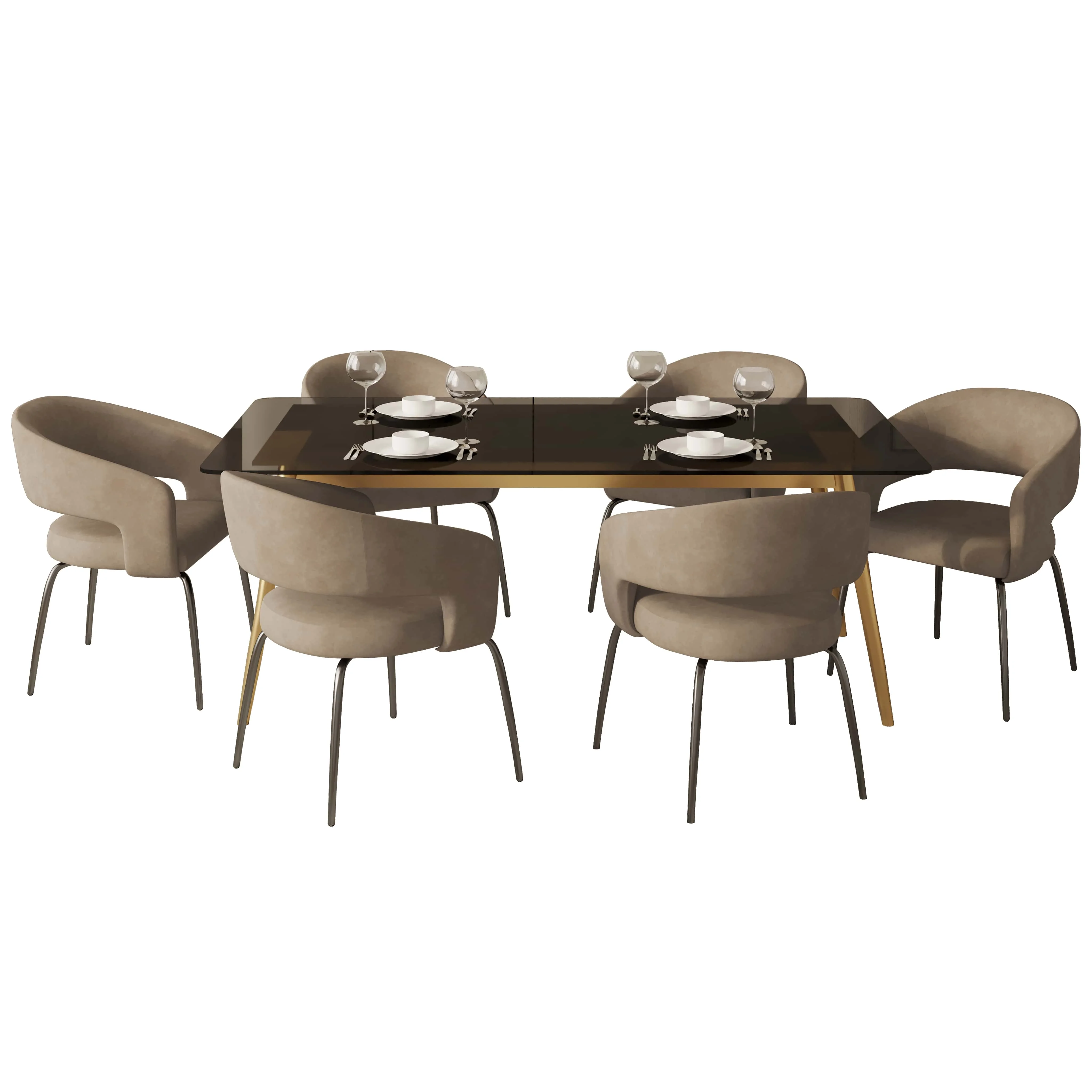 7-Piece Dining Set with Rectangular Glass Dining Table Gold Base and 6 Leather Dining Chairs with Iron Base