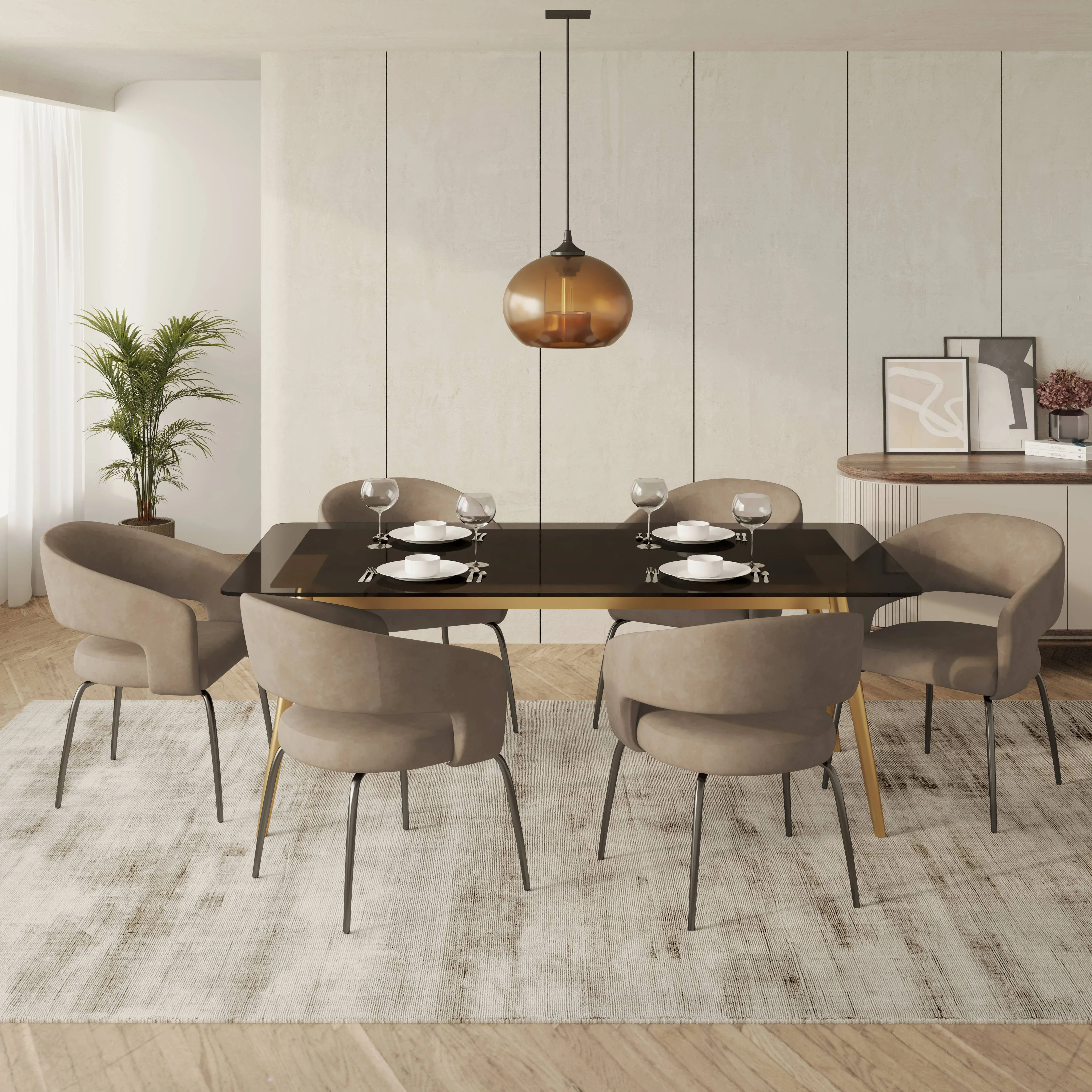 7-Piece Dining Set with Rectangular Glass Dining Table Gold Base and 6 Leather Dining Chairs with Iron Base