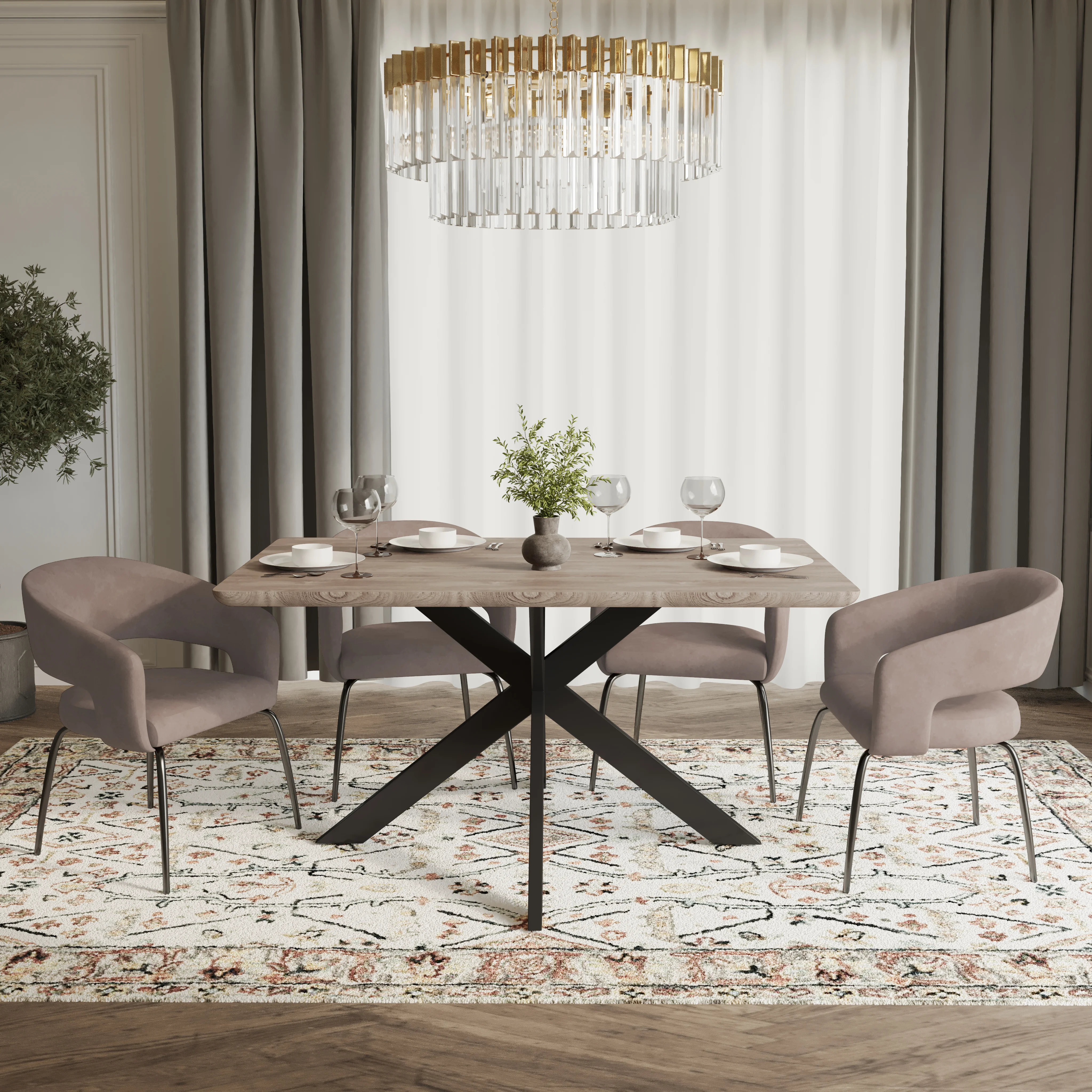 Ravenna 5-Piece Dining Set with Rectangular Dining Table in Maple and 6 Dining Chairs in Taupe Leather