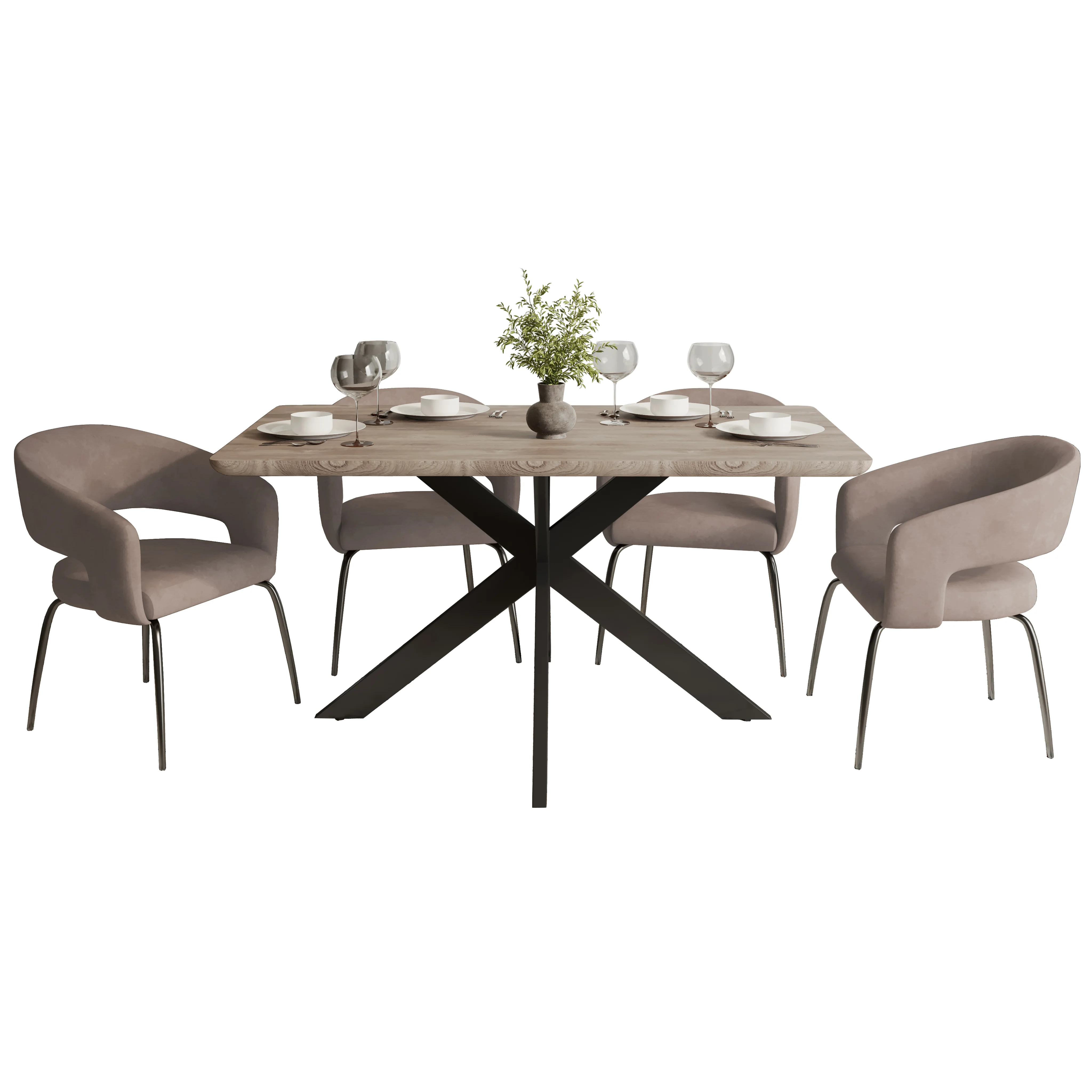 Ravenna 5-Piece Dining Set with Rectangular Dining Table in Maple and 6 Dining Chairs in Taupe Leather
