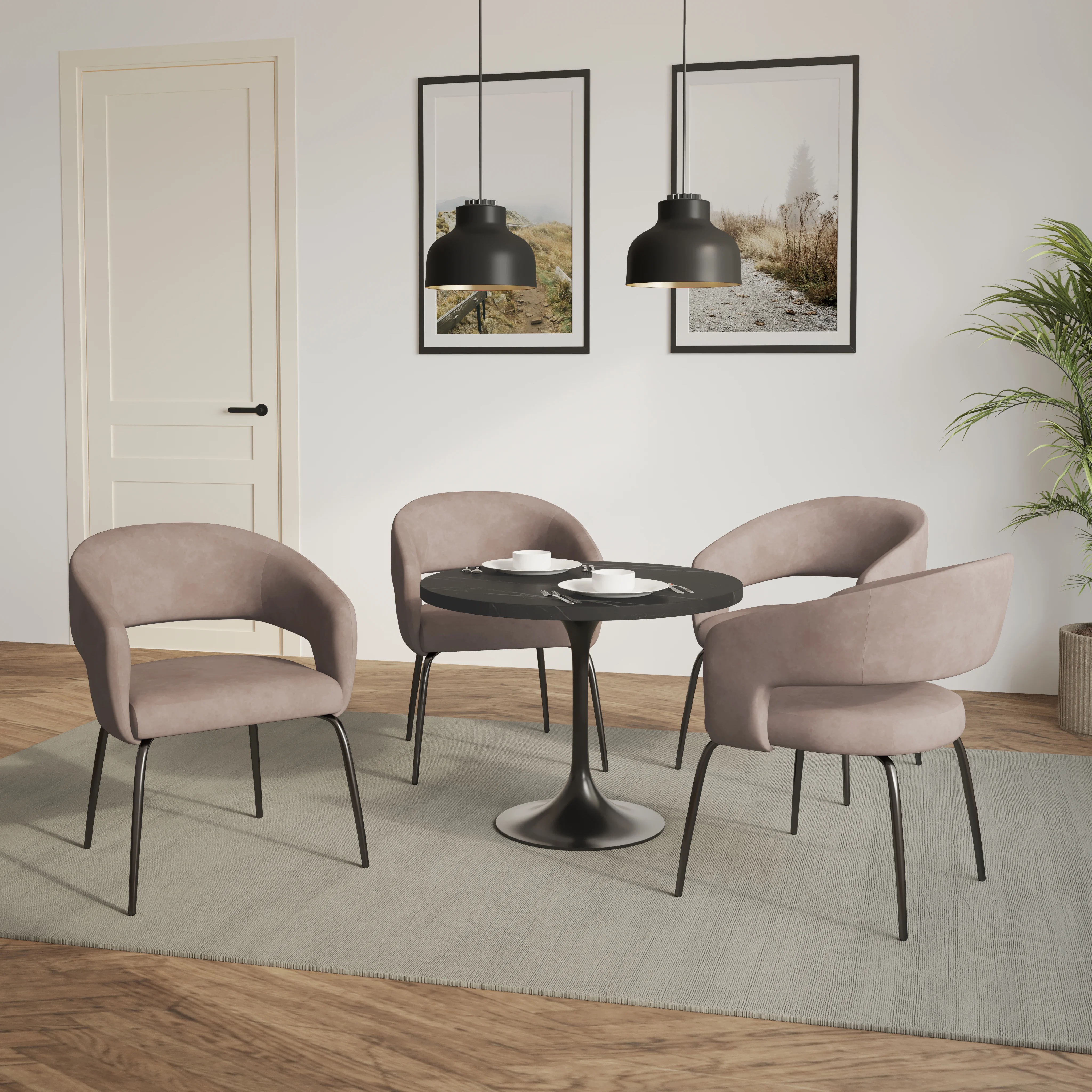 Verve 5-Piece Dining Set with 36" Round Dining Table in Black MDF Top and 4 Dining Chairs in Taupe Leather