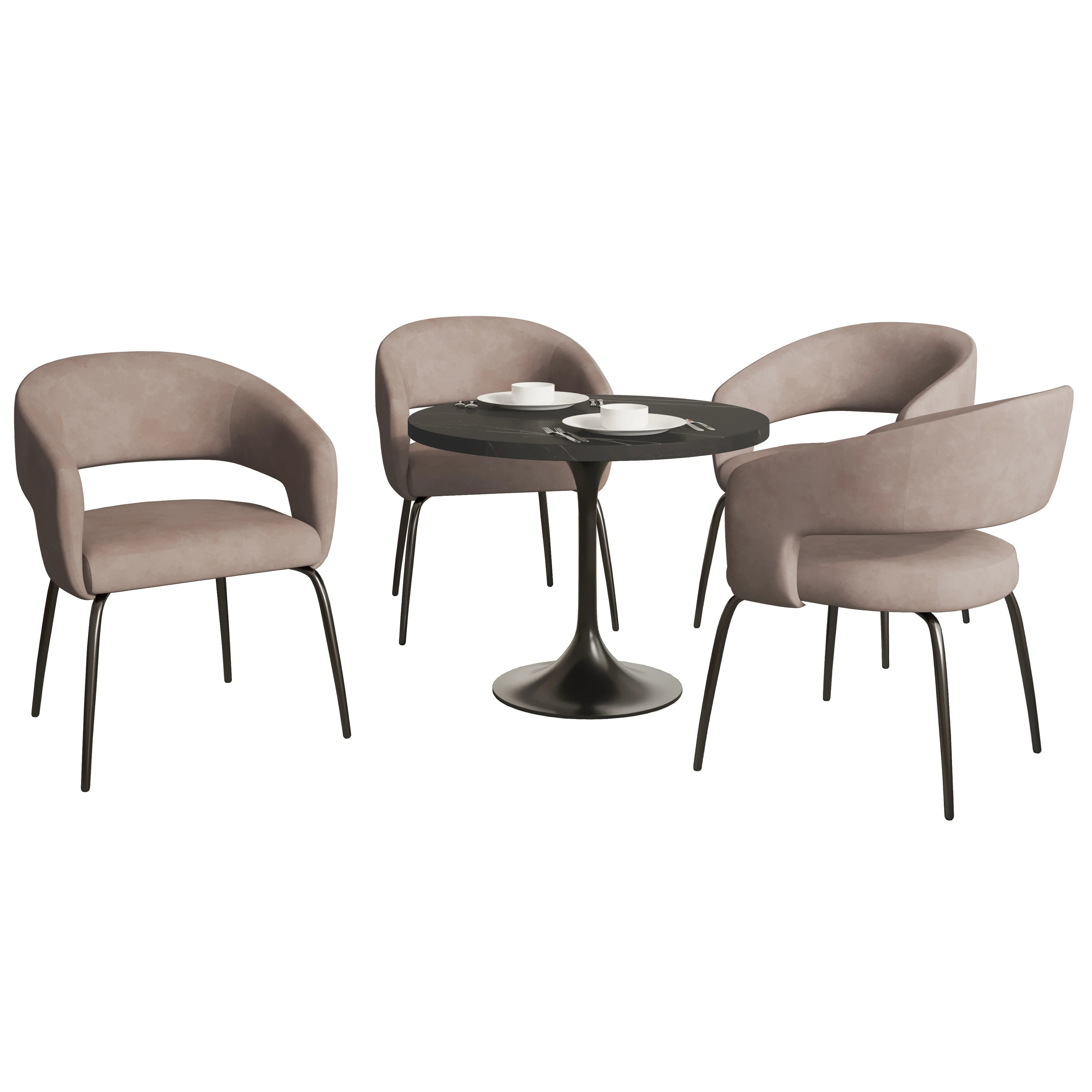 Verve 5-Piece Dining Set with 36" Round Dining Table in Black MDF Top and 4 Dining Chairs in Taupe Leather