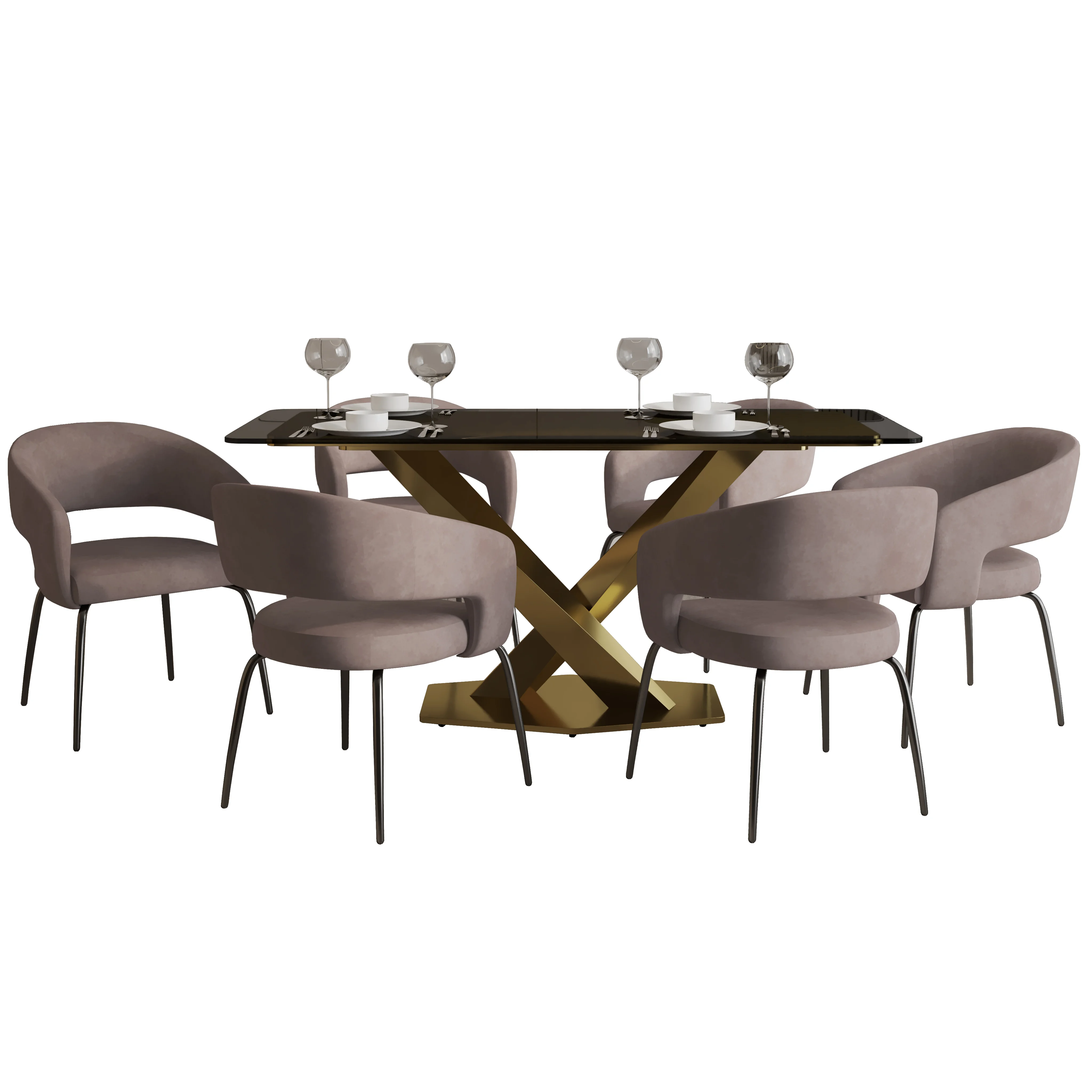 7-Piece Dining Set with Rectangular Glass Dining Table Gold Base and 6 Leather Dining Chairs with Iron Base