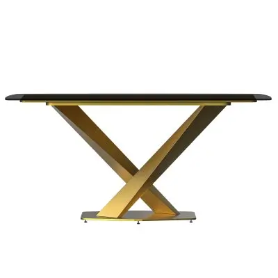 7-Piece Dining Set with Rectangular Glass Dining Table Gold Base and 6 Leather Dining Chairs with Iron Base