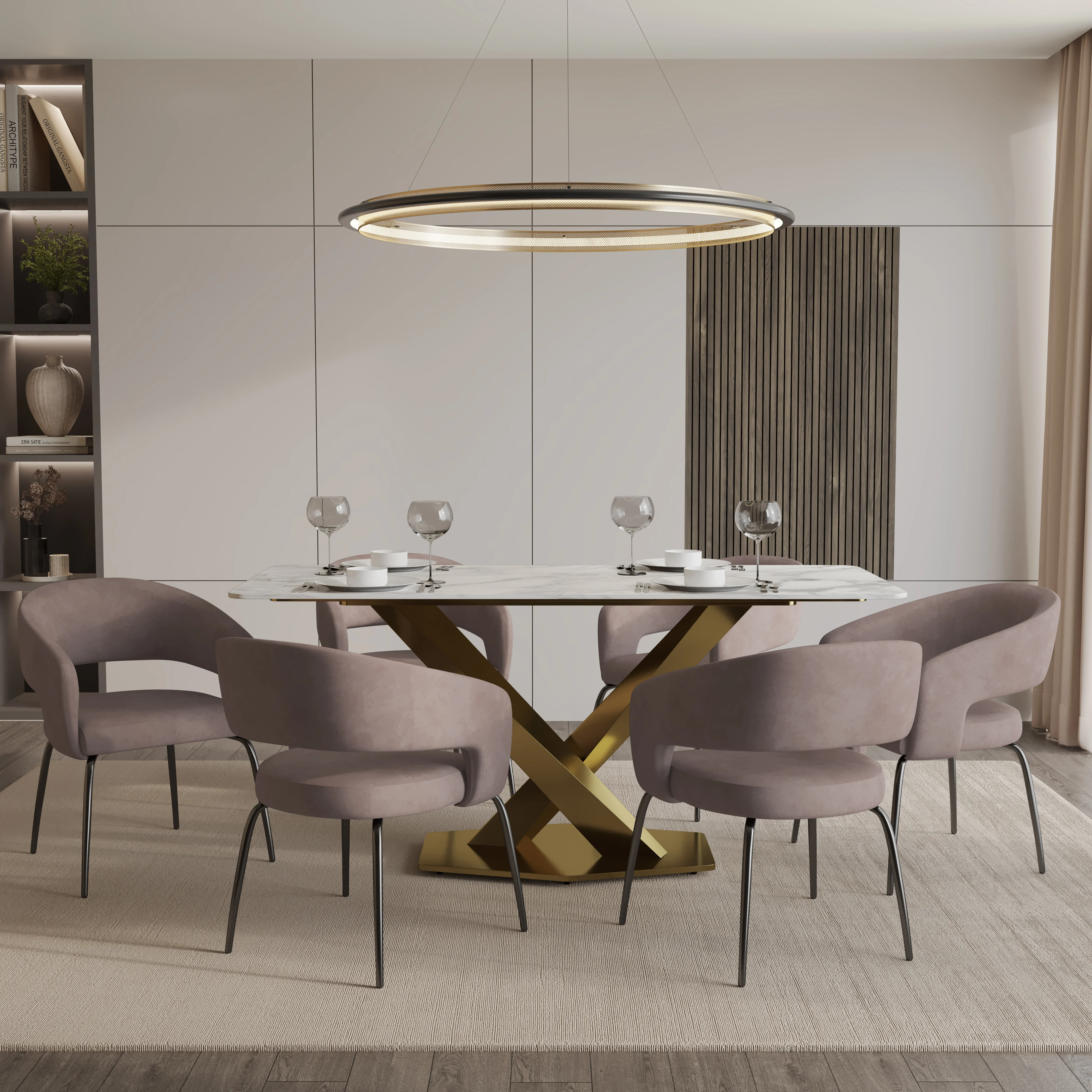 7-Piece Dining Set with Rectangular Sintered Stone Dining Table Gold Base and 6 Leather Dining Chairs with Iron Base