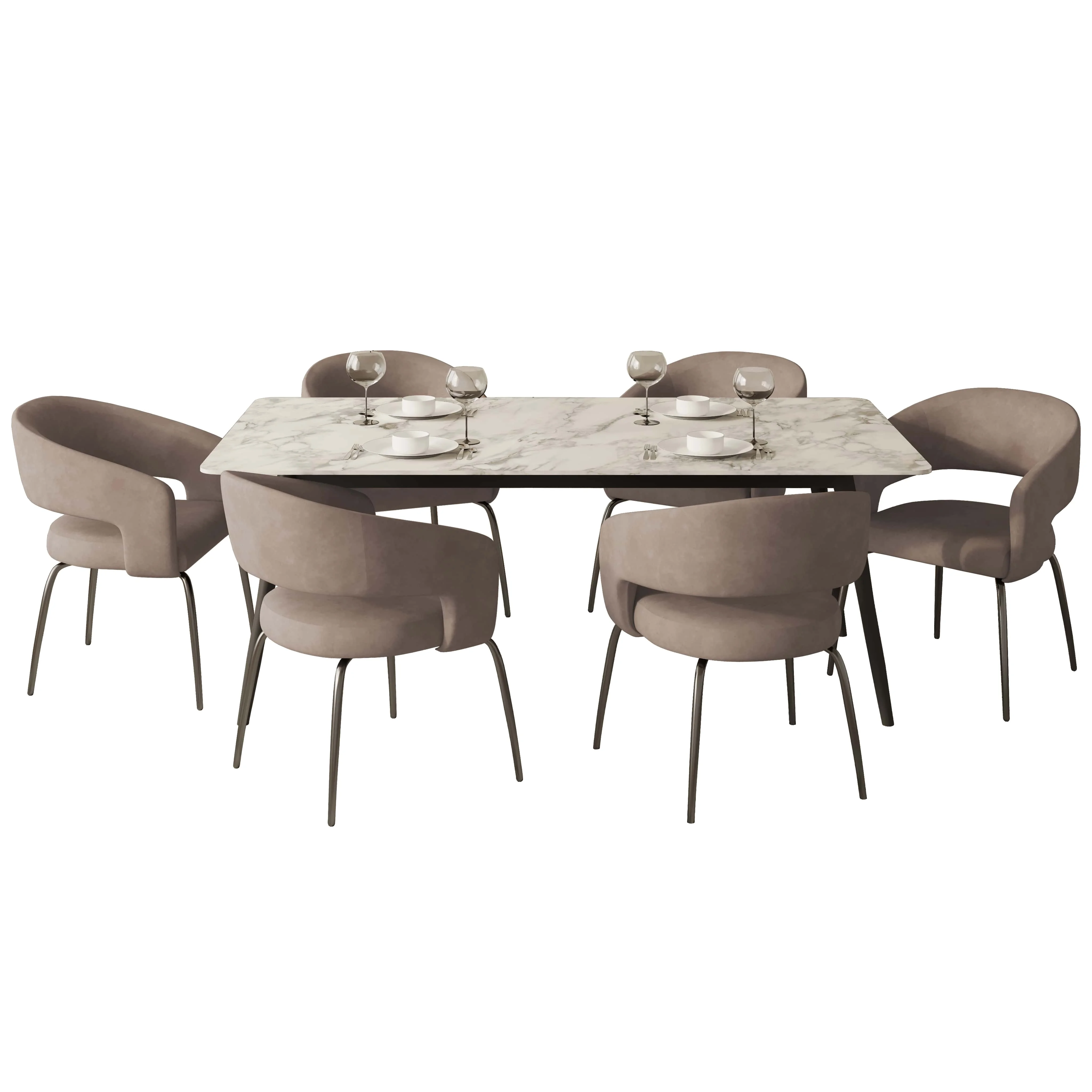 7-Piece Dining Set with Rectangular Sintered Stone Dining Table and 6 Leather Dining Chairs with Iron Base