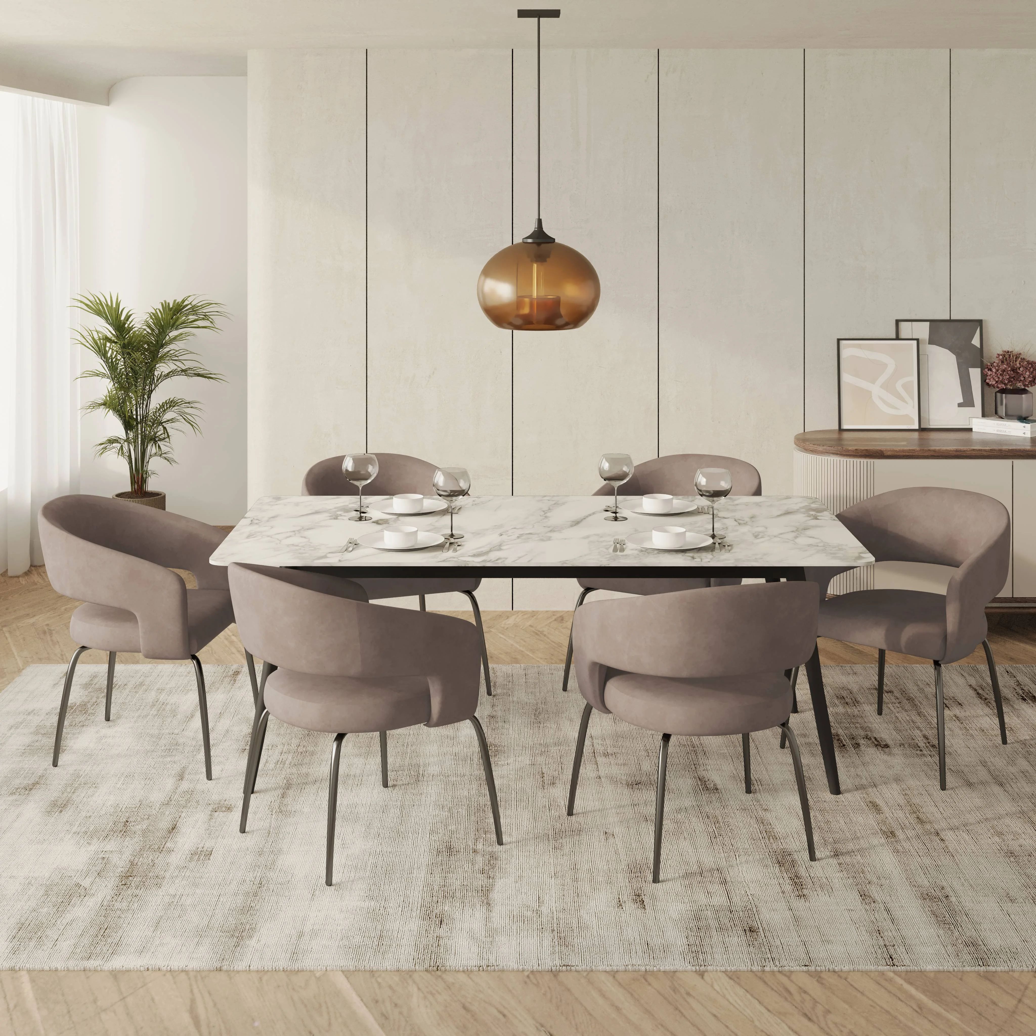 7-Piece Dining Set with Rectangular Sintered Stone Dining Table and 6 Leather Dining Chairs with Iron Base